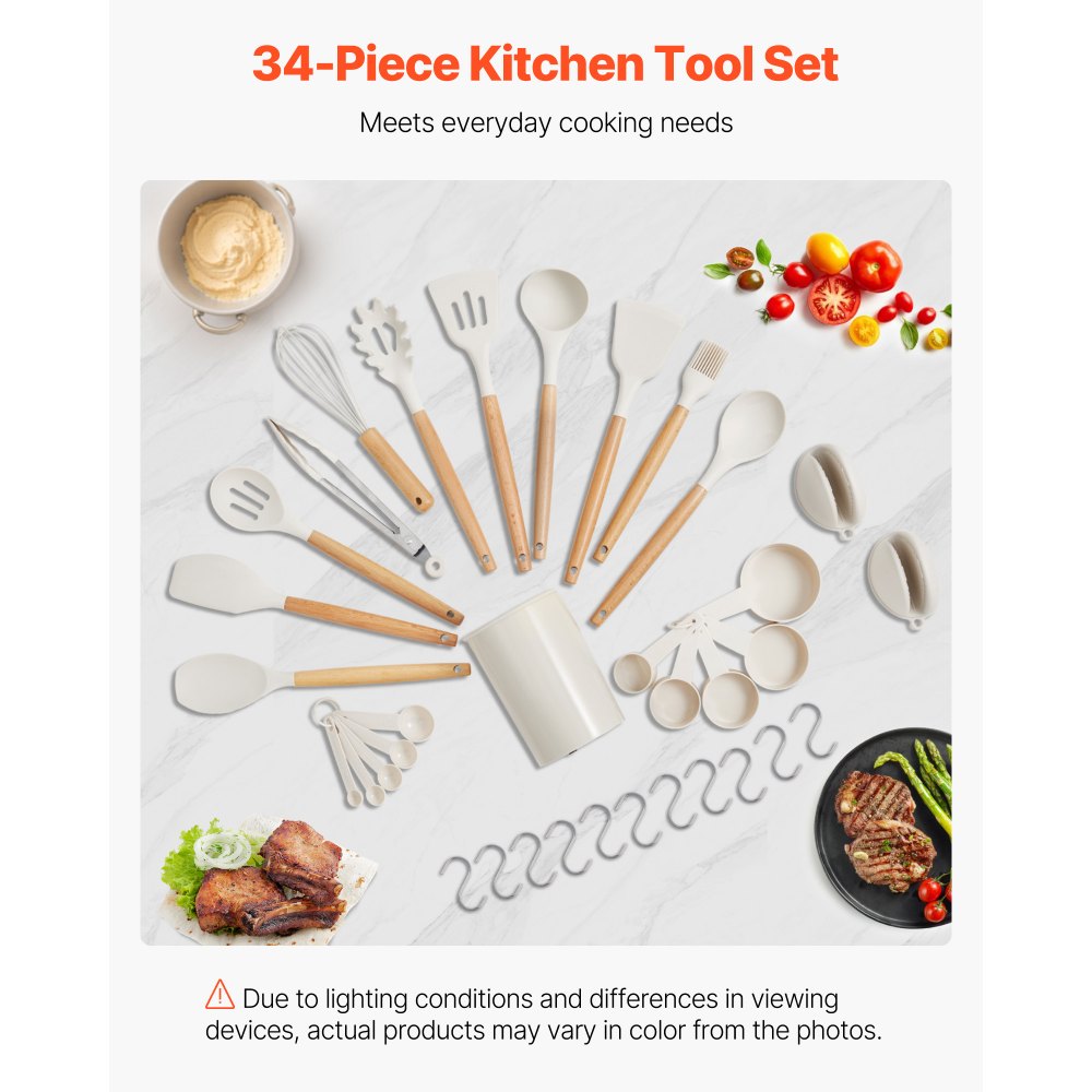 VEVOR Kitchen Cooking Utensils Set, 34 PCS Silicone Spatula Set with Holder, 428°F Heat Resistant Gadget Spoons Tools, Wooden Handle Home Essentials Accessories, Silicone Gadgets Cookware, White