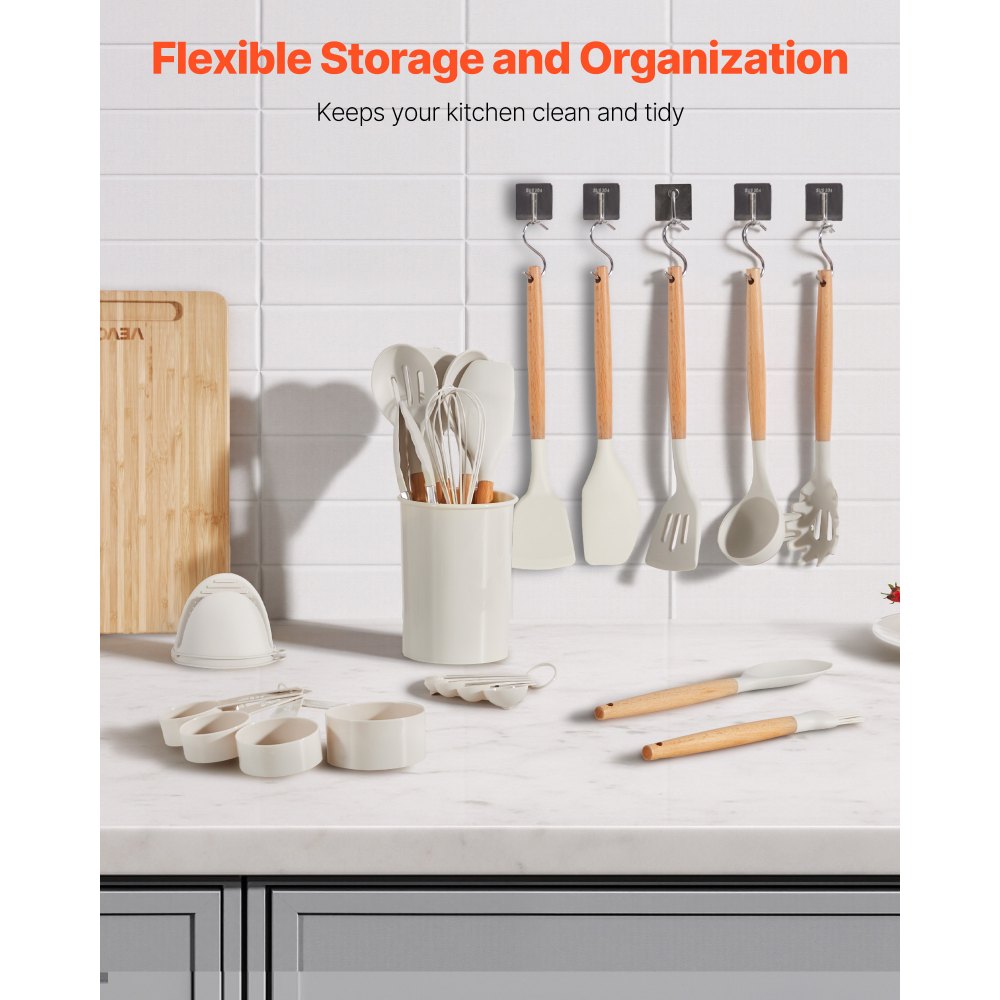 VEVOR Kitchen Cooking Utensils Set, 34 PCS Silicone Spatula Set with Holder, 428°F Heat Resistant Gadget Spoons Tools, Wooden Handle Home Essentials Accessories, Silicone Gadgets Cookware, White