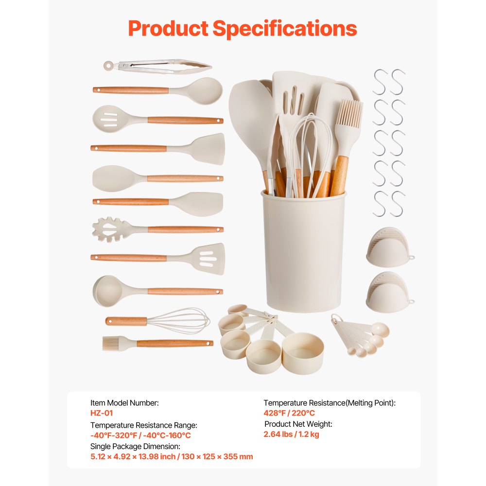 VEVOR Kitchen Cooking Utensils Set, 34 PCS Silicone Spatula Set with Holder, 428°F Heat Resistant Gadget Spoons Tools, Wooden Handle Home Essentials Accessories, Silicone Gadgets Cookware, White