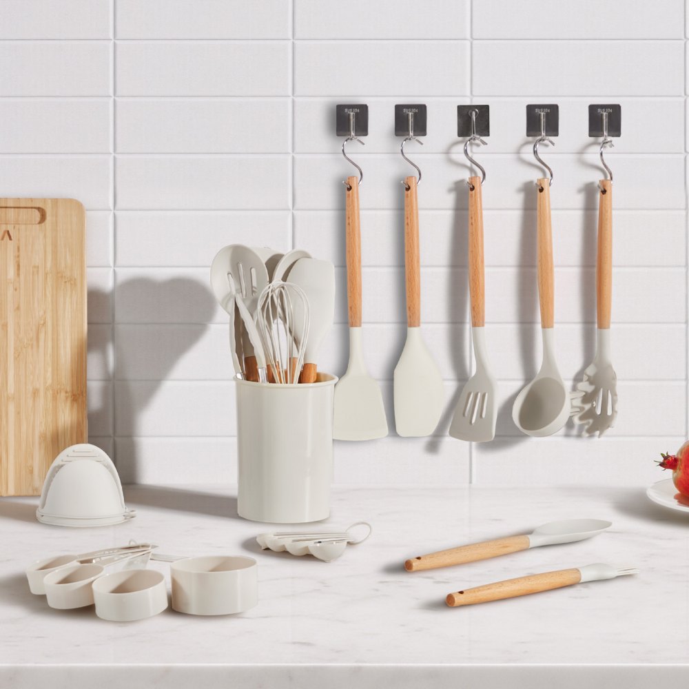 VEVOR Kitchen Cooking Utensils Set, 34 PCS Silicone Spatula Set with Holder, 428°F Heat Resistant Gadget Spoons Tools, Wooden Handle Home Essentials Accessories, Silicone Gadgets Cookware, White