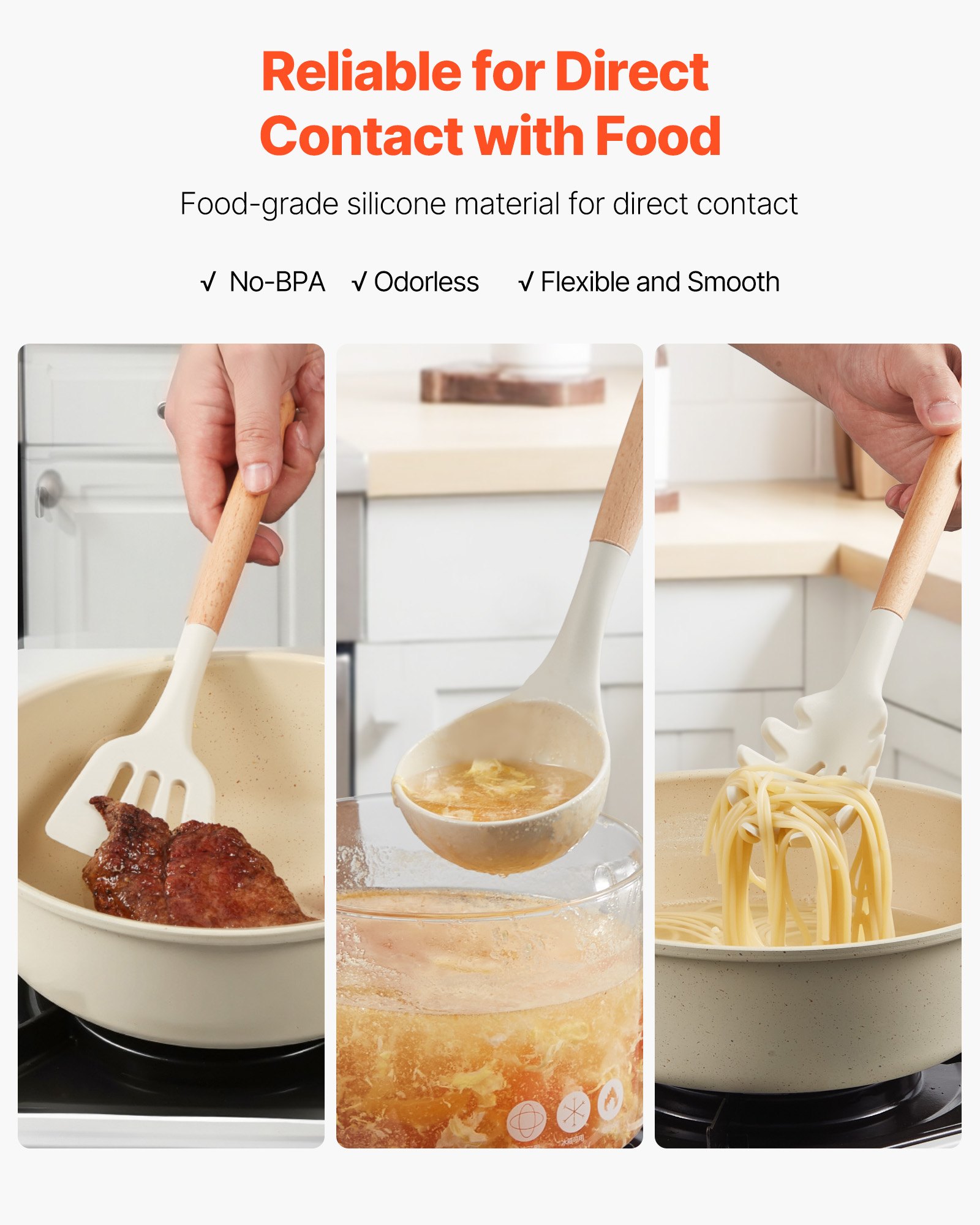 VEVOR Kitchen Cooking Utensils Set, 34 PCS Silicone Spatula Set with Holder, 428°F Heat Resistant Gadget Spoons Tools, Wooden Handle Home Essentials Accessories, Silicone Gadgets Cookware, White