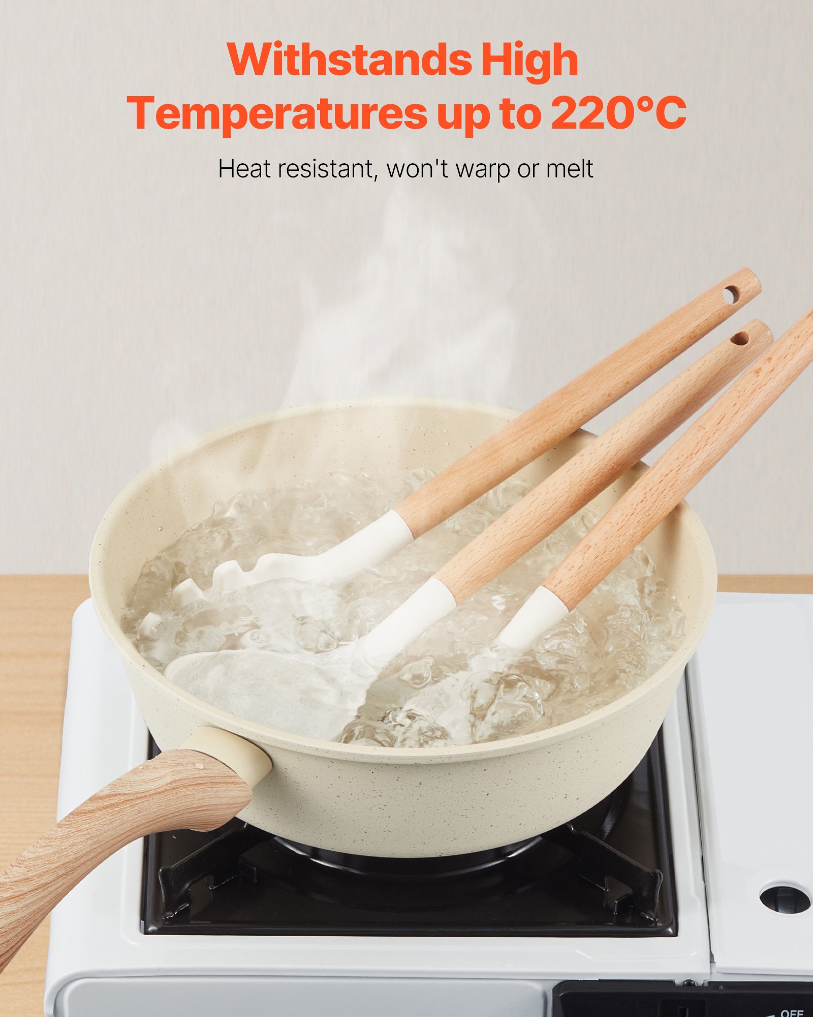 VEVOR Kitchen Cooking Utensils Set, 34 PCS Silicone Spatula Set with Holder, 428°F Heat Resistant Gadget Spoons Tools, Wooden Handle Home Essentials Accessories, Silicone Gadgets Cookware, White