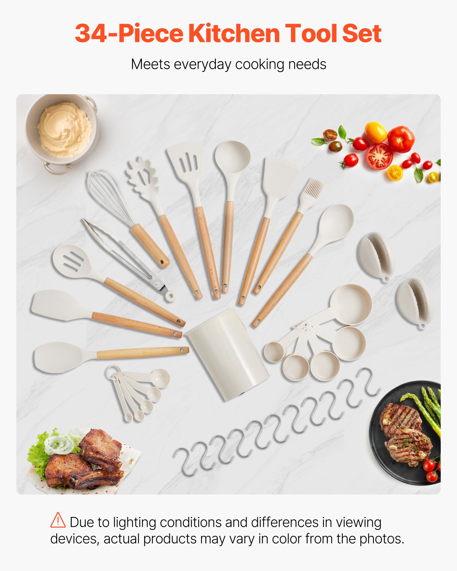 VEVOR Kitchen Cooking Utensils Set, 34 PCS Silicone Spatula Set with Holder, 428°F Heat Resistant Gadget Spoons Tools, Wooden Handle Home Essentials Accessories, Silicone Gadgets Cookware, White