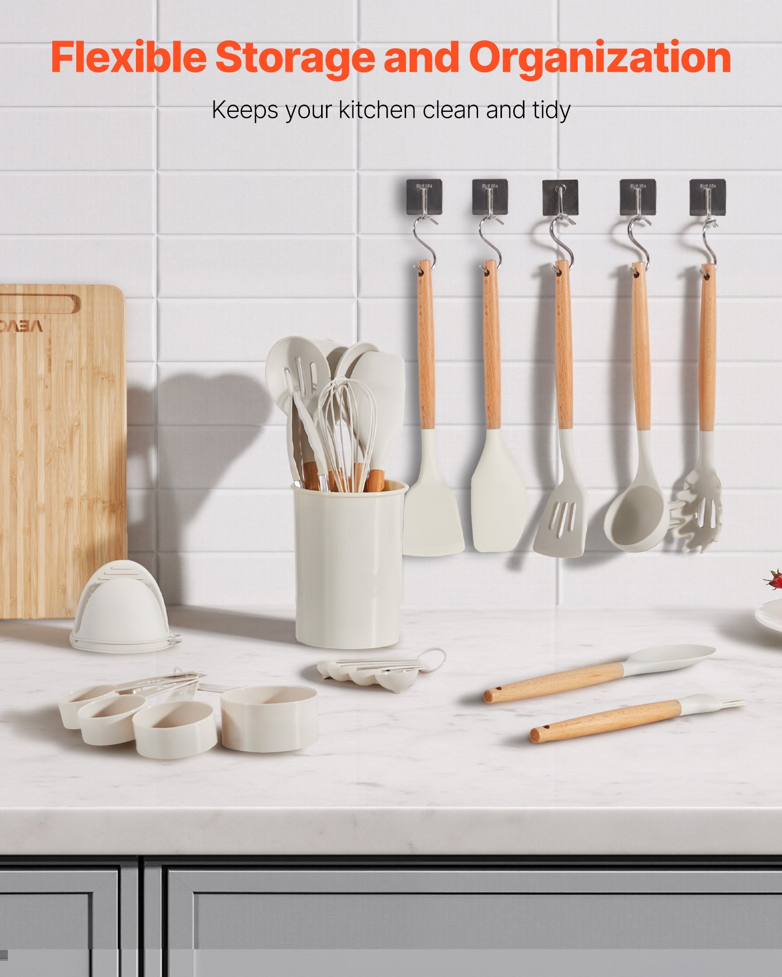 VEVOR Kitchen Cooking Utensils Set, 34 PCS Silicone Spatula Set with Holder, 428°F Heat Resistant Gadget Spoons Tools, Wooden Handle Home Essentials Accessories, Silicone Gadgets Cookware, White