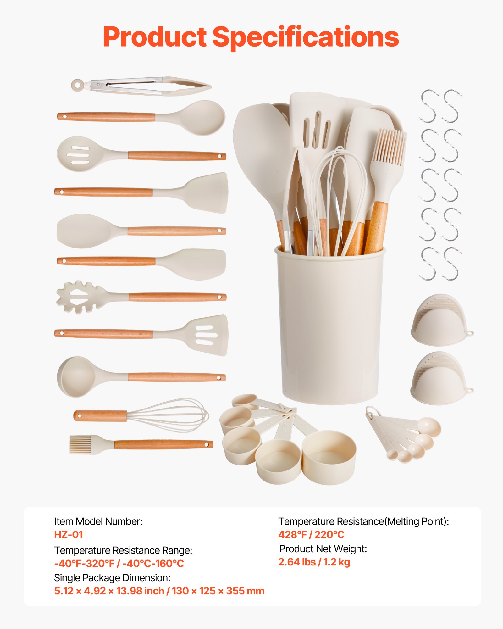VEVOR Kitchen Cooking Utensils Set, 34 PCS Silicone Spatula Set with Holder, 428°F Heat Resistant Gadget Spoons Tools, Wooden Handle Home Essentials Accessories, Silicone Gadgets Cookware, White