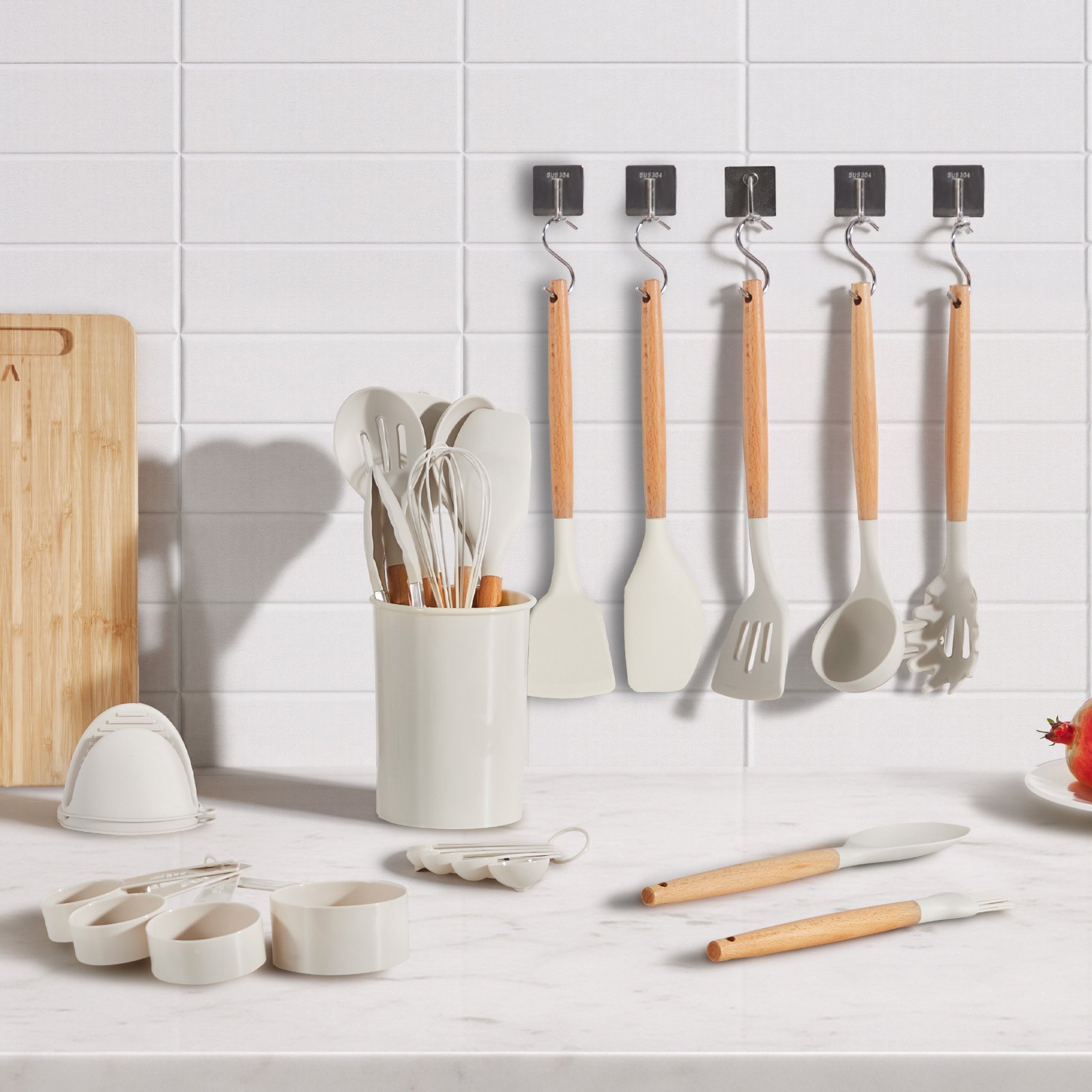 VEVOR Kitchen Cooking Utensils Set, 34 PCS Silicone Spatula Set with Holder, 428°F Heat Resistant Gadget Spoons Tools, Wooden Handle Home Essentials Accessories, Silicone Gadgets Cookware, White