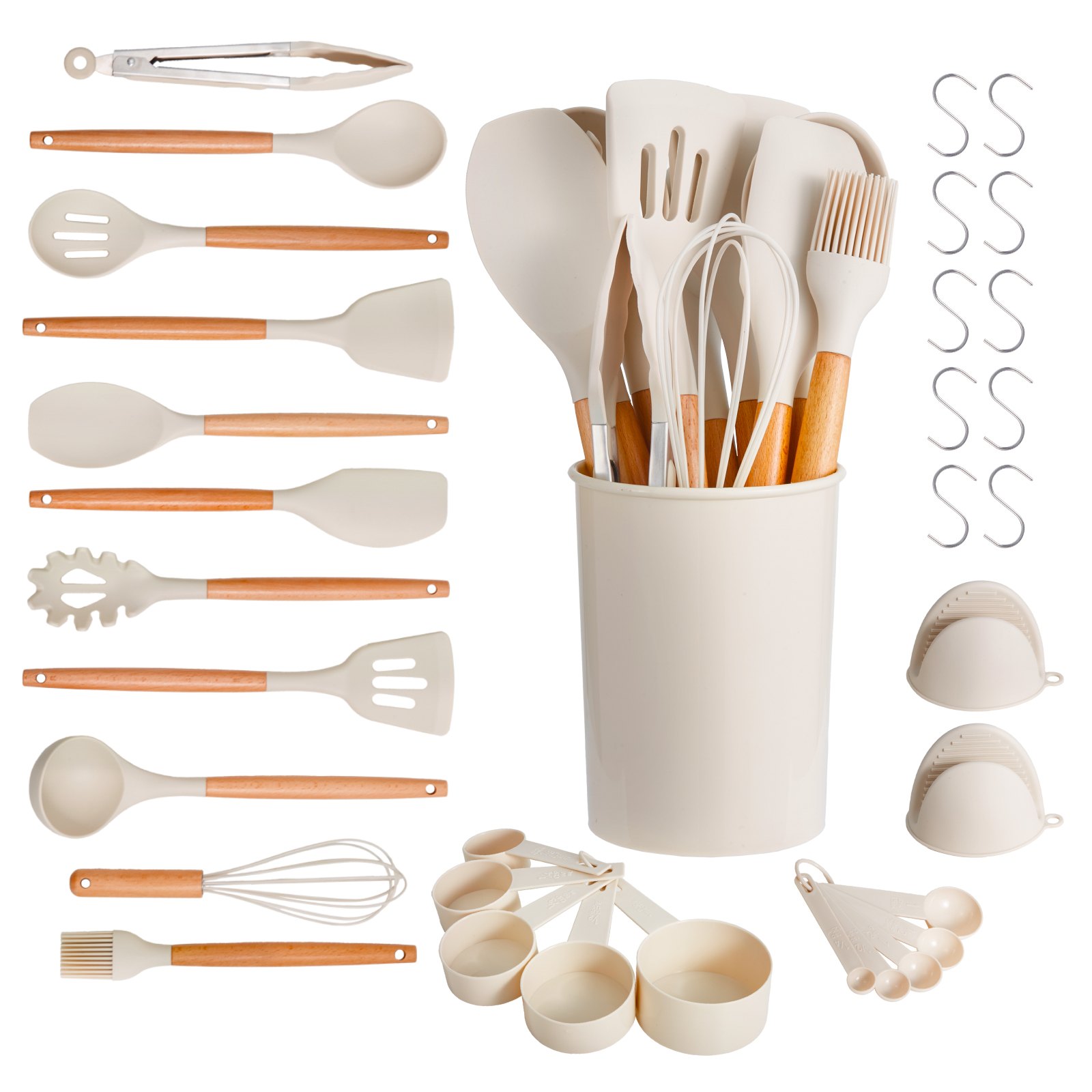 VEVOR Kitchen Cooking Utensils Set, 34 PCS Silicone Spatula Set with Holder, 428°F Heat Resistant Gadget Spoons Tools, Wooden Handle Home Essentials Accessories, Silicone Gadgets Cookware, White