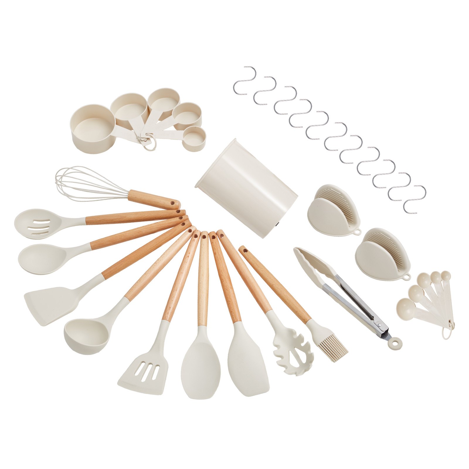 VEVOR Kitchen Cooking Utensils Set, 34 PCS Silicone Spatula Set with Holder, 428°F Heat Resistant Gadget Spoons Tools, Wooden Handle Home Essentials Accessories, Silicone Gadgets Cookware, White