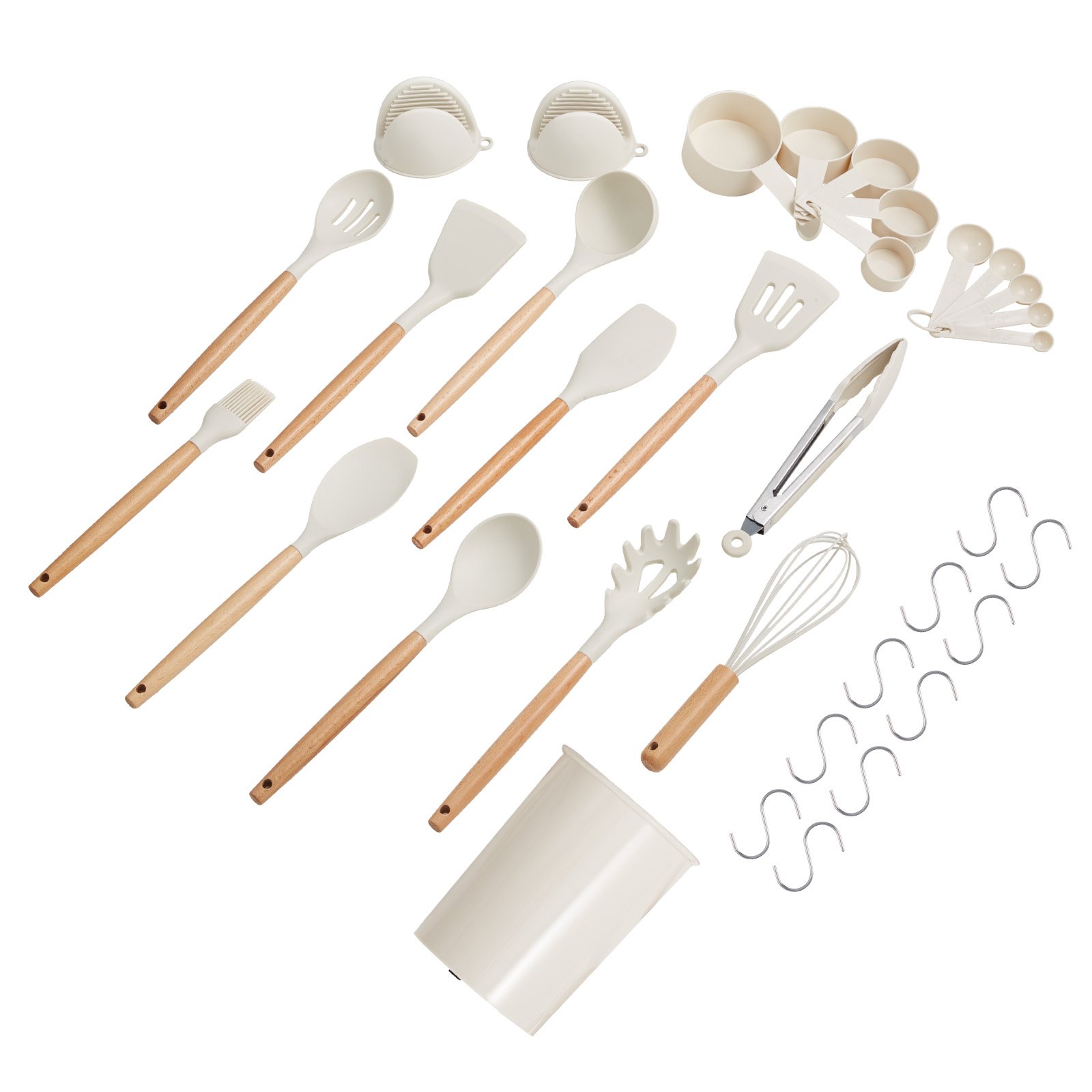 VEVOR Kitchen Cooking Utensils Set, 34 PCS Silicone Spatula Set with Holder, 428°F Heat Resistant Gadget Spoons Tools, Wooden Handle Home Essentials Accessories, Silicone Gadgets Cookware, White