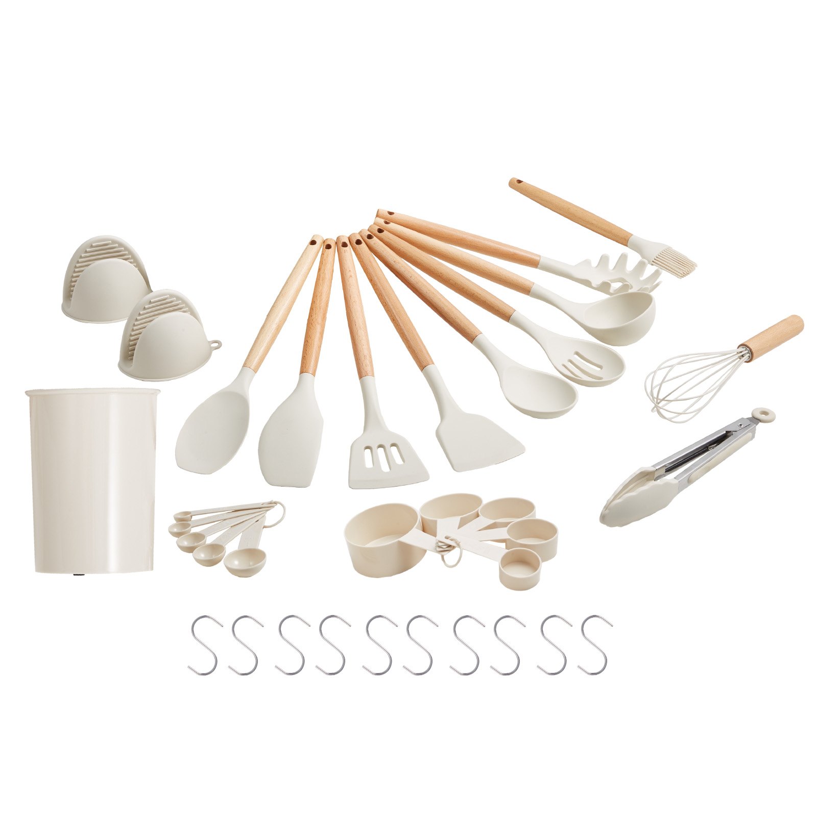 VEVOR Kitchen Cooking Utensils Set, 34 PCS Silicone Spatula Set with Holder, 428°F Heat Resistant Gadget Spoons Tools, Wooden Handle Home Essentials Accessories, Silicone Gadgets Cookware, White