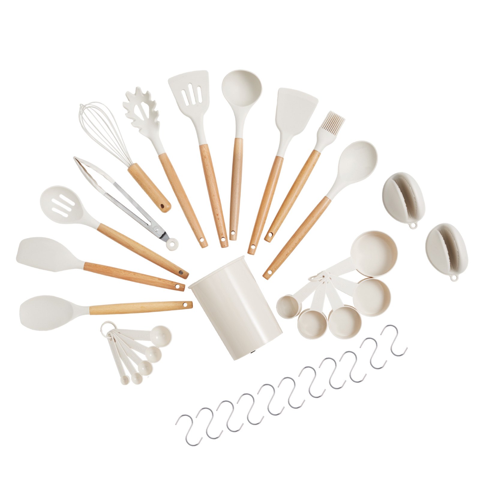 VEVOR Kitchen Cooking Utensils Set, 34 PCS Silicone Spatula Set with Holder, 428°F Heat Resistant Gadget Spoons Tools, Wooden Handle Home Essentials Accessories, Silicone Gadgets Cookware, White