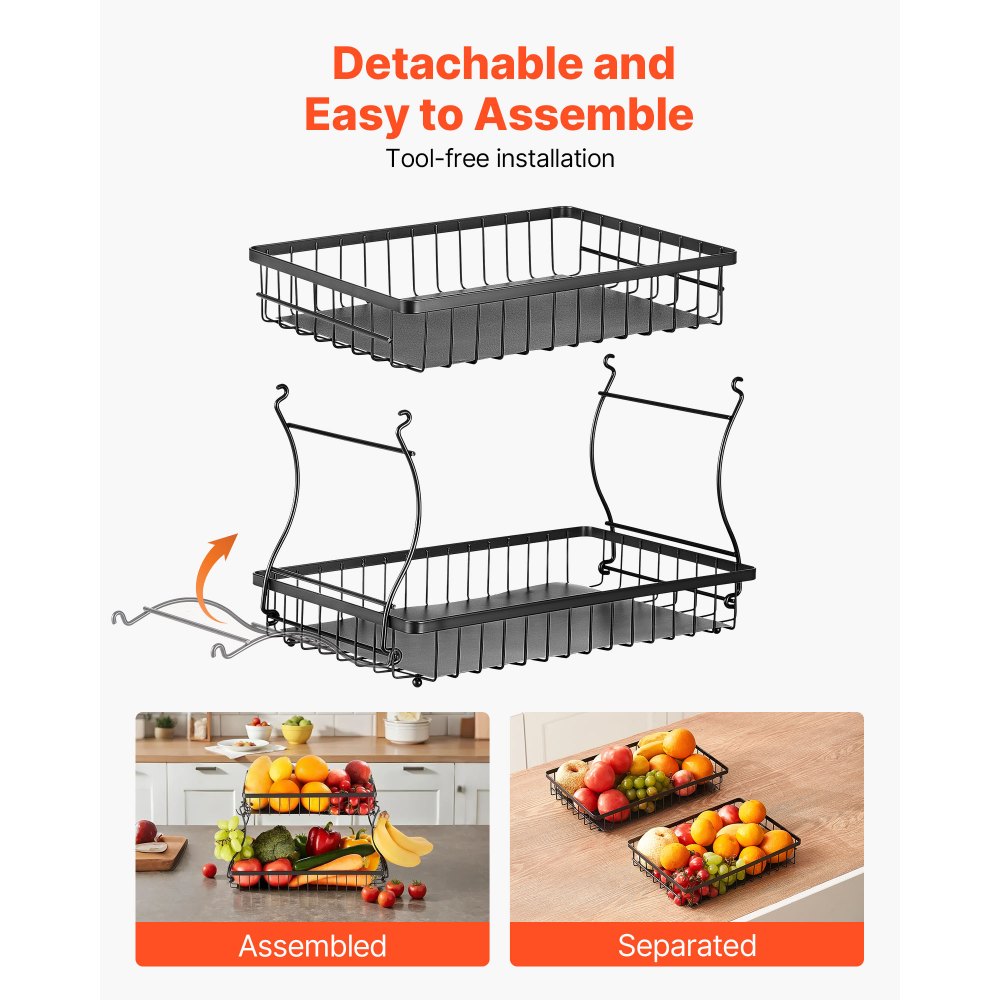 VEVOR 2 Tier Fruit Basket, Countertop Fruits Vegetable Bowl with Banana Hangers, Metal Wire Storage Stand for Kitchen Counter, Detachable Stackable Holder Organizer for Bread Snack Veggies, Black