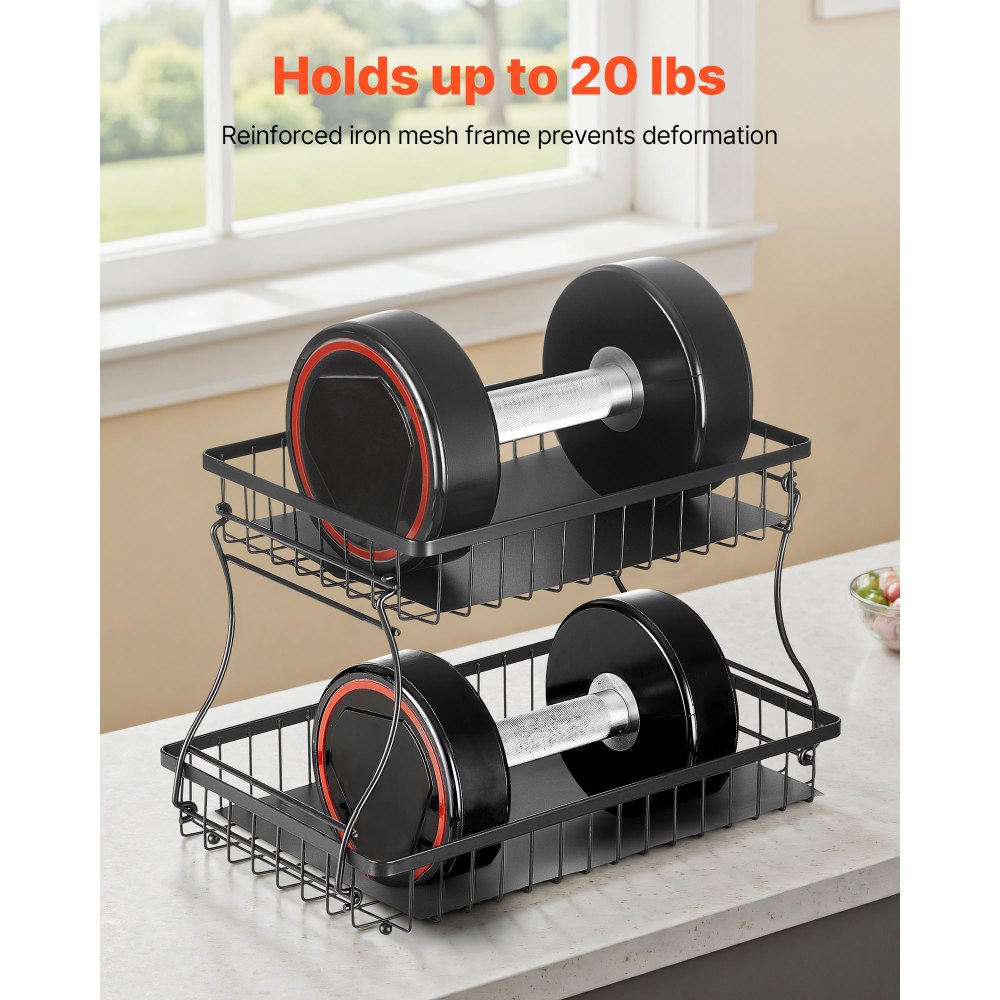 VEVOR 2 Tier Fruit Basket, Countertop Fruits Vegetable Bowl with Banana Hangers, Metal Wire Storage Stand for Kitchen Counter, Detachable Stackable Holder Organizer for Bread Snack Veggies, Black