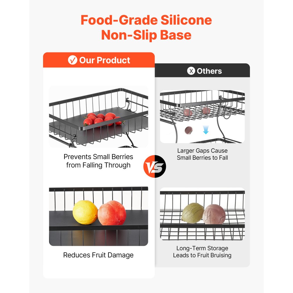VEVOR 2 Tier Fruit Basket, Countertop Fruits Vegetable Bowl with Banana Hangers, Metal Wire Storage Stand for Kitchen Counter, Detachable Stackable Holder Organizer for Bread Snack Veggies, Black