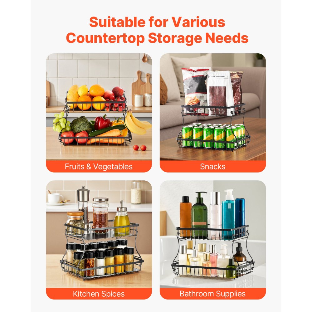 VEVOR 2 Tier Fruit Basket, Countertop Fruits Vegetable Bowl with Banana Hangers, Metal Wire Storage Stand for Kitchen Counter, Detachable Stackable Holder Organizer for Bread Snack Veggies, Black
