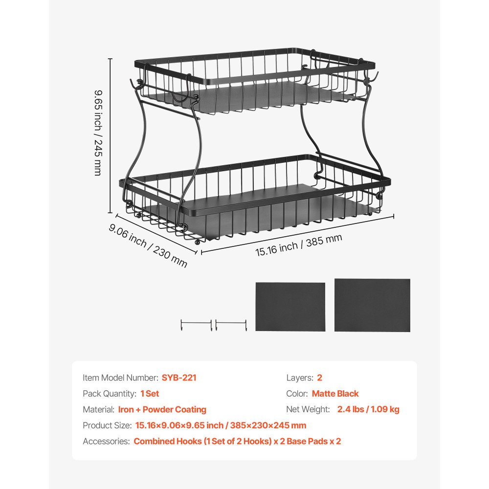 VEVOR 2 Tier Fruit Basket, Countertop Fruits Vegetable Bowl with Banana Hangers, Metal Wire Storage Stand for Kitchen Counter, Detachable Stackable Holder Organizer for Bread Snack Veggies, Black
