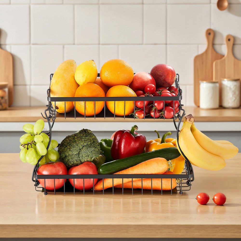 VEVOR 2 Tier Fruit Basket, Countertop Fruits Vegetable Bowl with Banana Hangers, Metal Wire Storage Stand for Kitchen Counter, Detachable Stackable Holder Organizer for Bread Snack Veggies, Black
