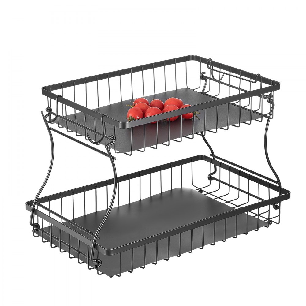 VEVOR 2 Tier Fruit Basket, Countertop Fruits Vegetable Bowl with Banana Hangers, Metal Wire Storage Stand for Kitchen Counter, Detachable Stackable Holder Organizer for Bread Snack Veggies, Black