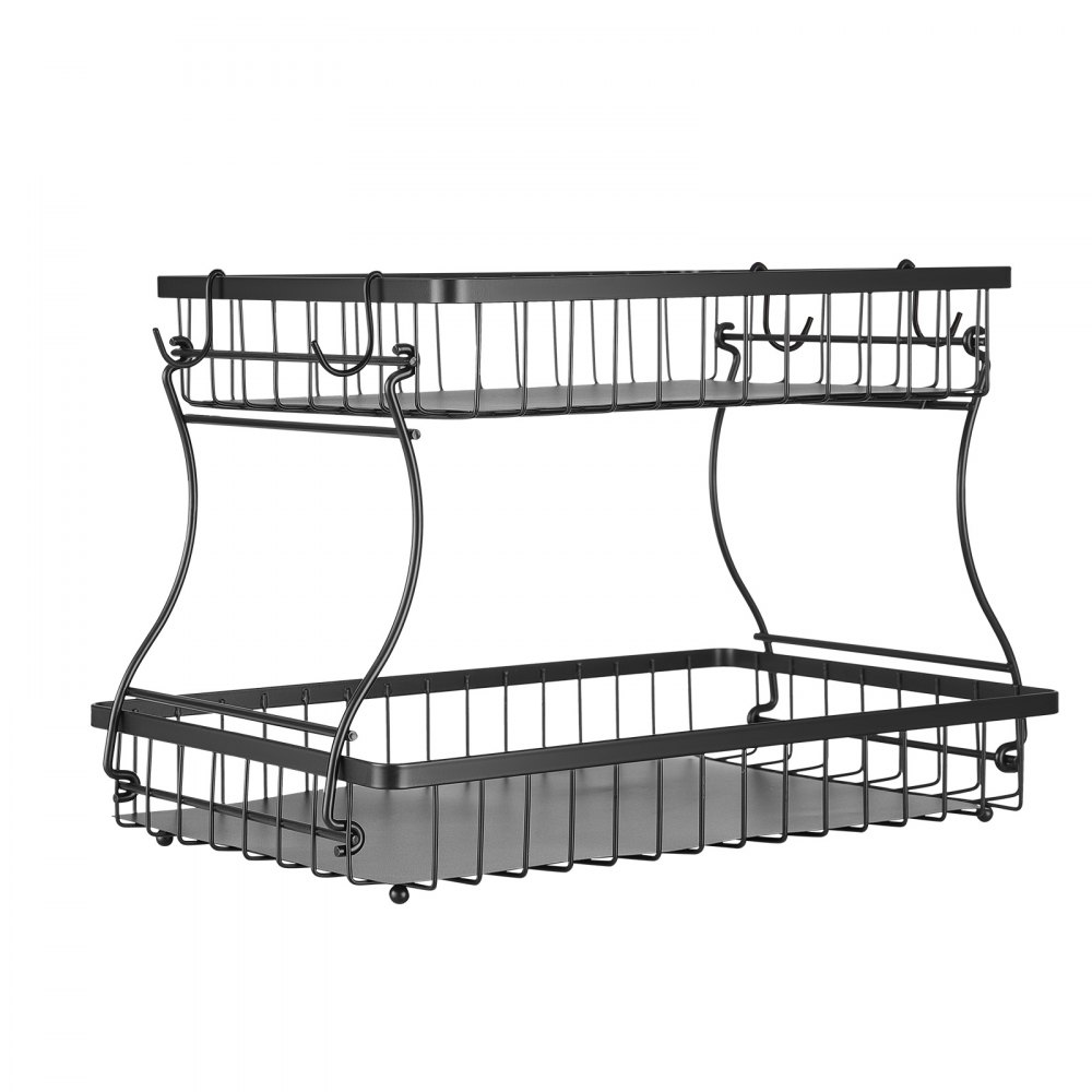 VEVOR 2 Tier Fruit Basket, Countertop Fruits Vegetable Bowl with Banana Hangers, Metal Wire Storage Stand for Kitchen Counter, Detachable Stackable Holder Organizer for Bread Snack Veggies, Black