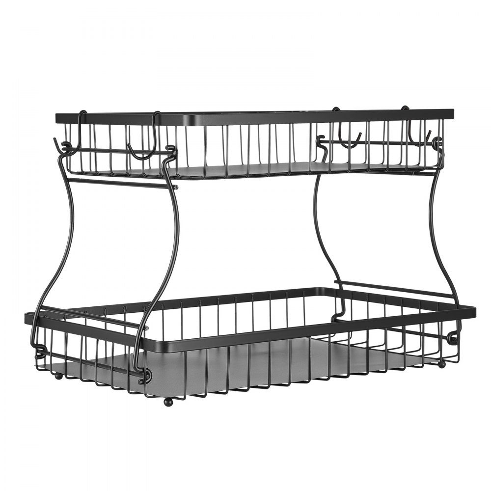 VEVOR 2 Tier Fruit Basket, Countertop Fruits Vegetable Bowl with Banana Hangers, Metal Wire Storage Stand for Kitchen Counter, Detachable Stackable Holder Organizer for Bread Snack Veggies, Black