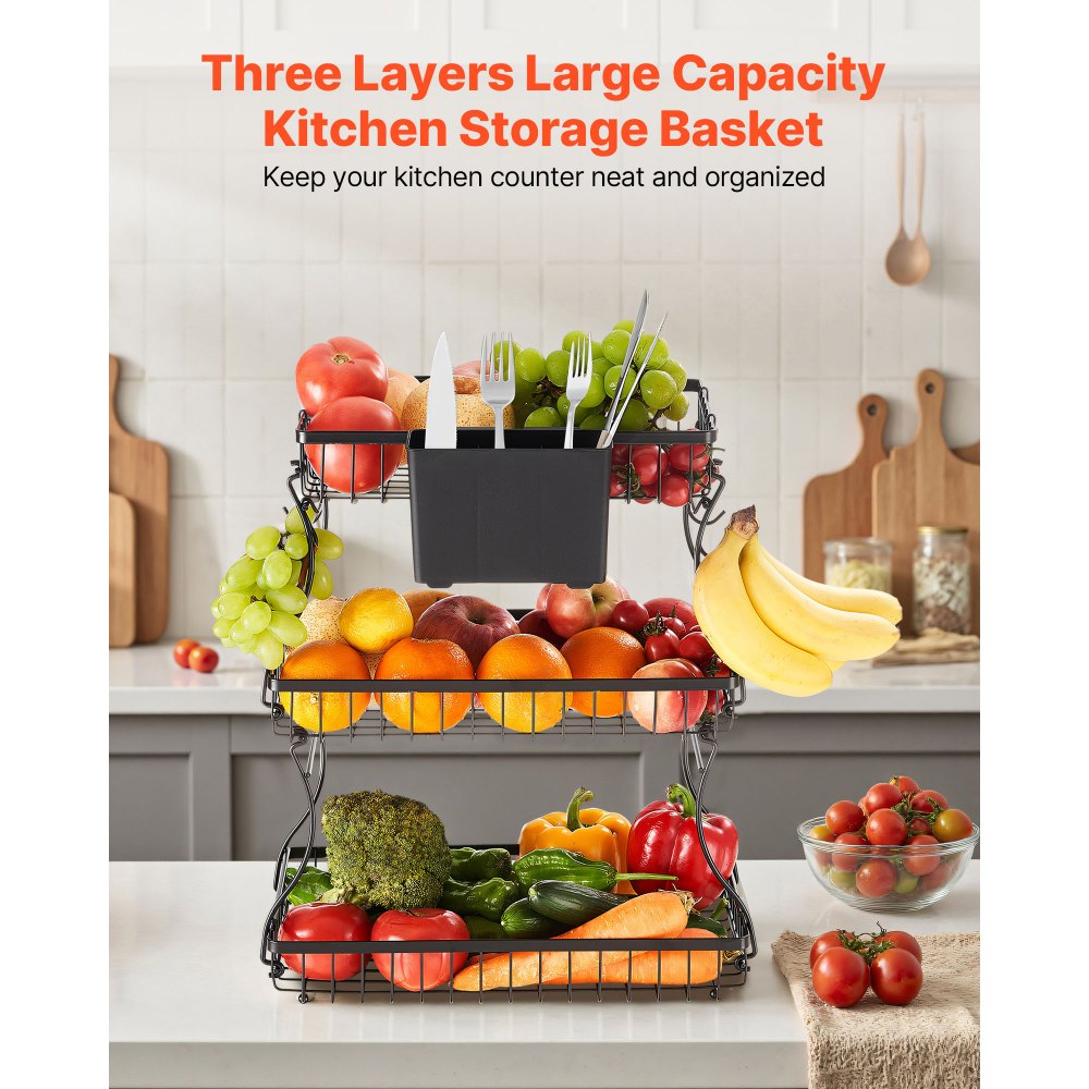 VEVOR 3 Tier Fruit Basket, Countertop Fruits Vegetable Bowl with Banana Hangers and Side Storage Basket, Metal Wire Storage Stand for Kitchen Counter, Holder Organizer for Bread Snack Veggies, Black