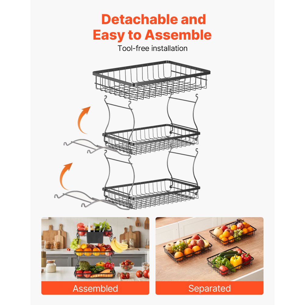 VEVOR 3 Tier Fruit Basket, Countertop Fruits Vegetable Bowl with Banana Hangers and Side Storage Basket, Metal Wire Storage Stand for Kitchen Counter, Holder Organizer for Bread Snack Veggies, Black