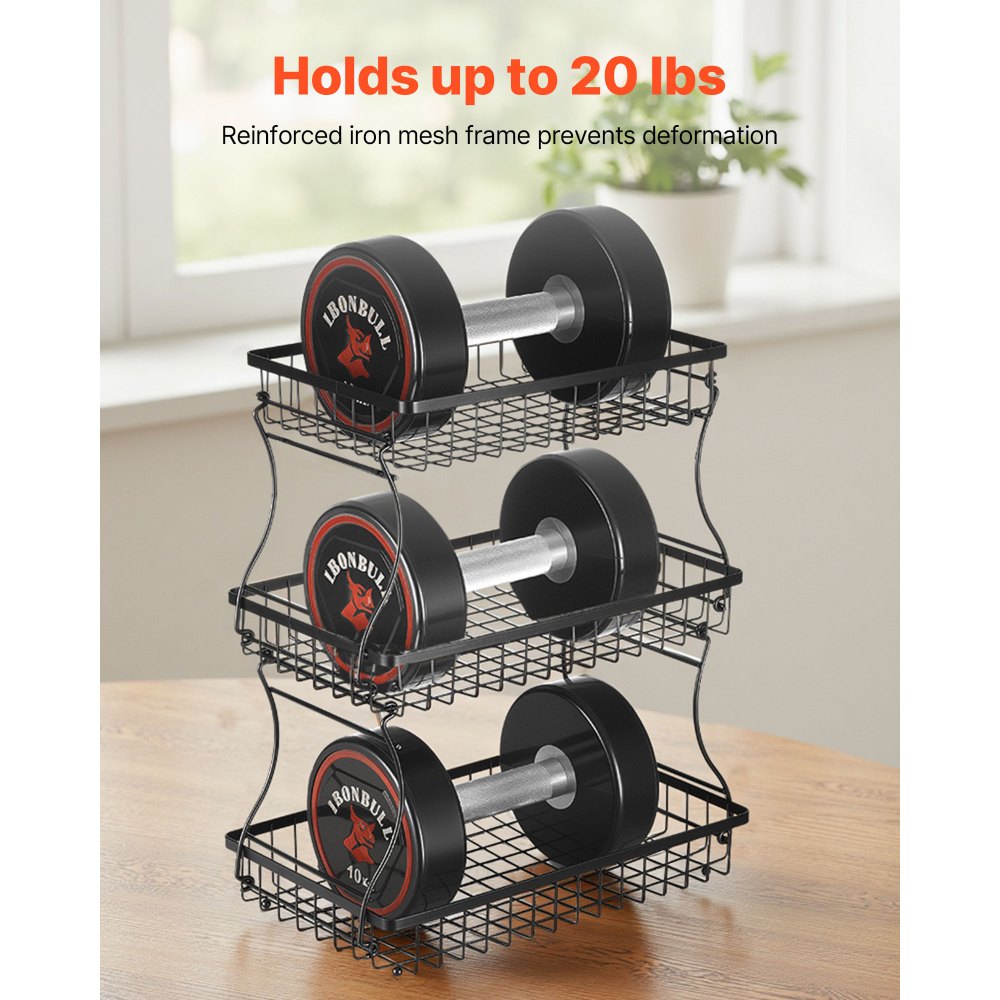 VEVOR 3 Tier Fruit Basket, Countertop Fruits Vegetable Bowl with Banana Hangers and Side Storage Basket, Metal Wire Storage Stand for Kitchen Counter, Holder Organizer for Bread Snack Veggies, Black