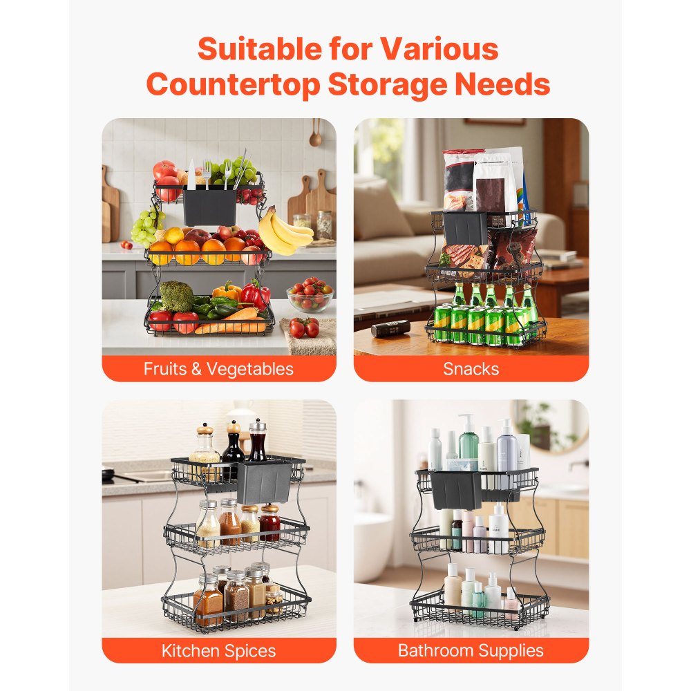 VEVOR 3 Tier Fruit Basket, Countertop Fruits Vegetable Bowl with Banana Hangers and Side Storage Basket, Metal Wire Storage Stand for Kitchen Counter, Holder Organizer for Bread Snack Veggies, Black