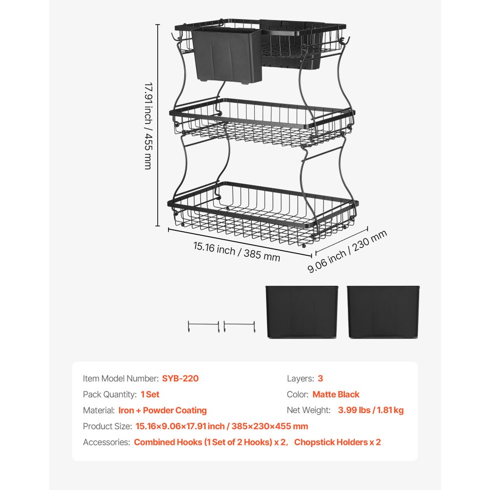 VEVOR 3 Tier Fruit Basket, Countertop Fruits Vegetable Bowl with Banana Hangers and Side Storage Basket, Metal Wire Storage Stand for Kitchen Counter, Holder Organizer for Bread Snack Veggies, Black