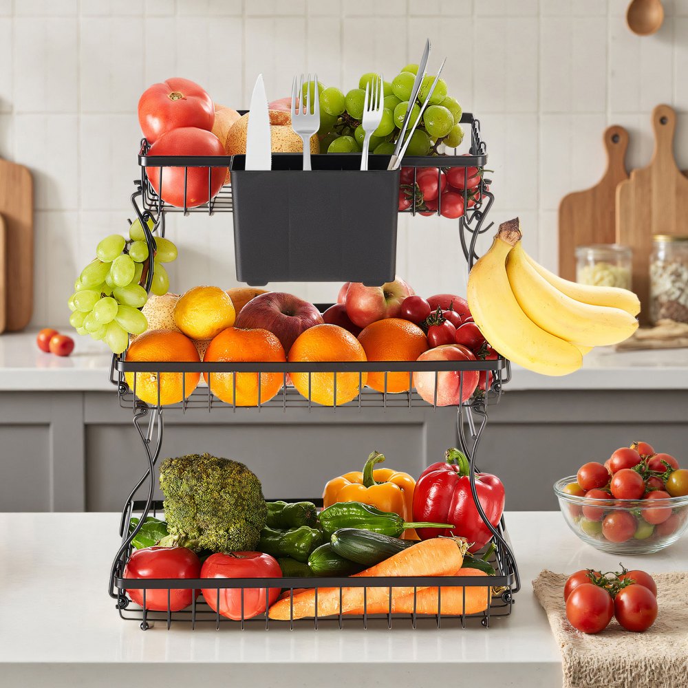 VEVOR 3 Tier Fruit Basket, Countertop Fruits Vegetable Bowl with Banana Hangers and Side Storage Basket, Metal Wire Storage Stand for Kitchen Counter, Holder Organizer for Bread Snack Veggies, Black