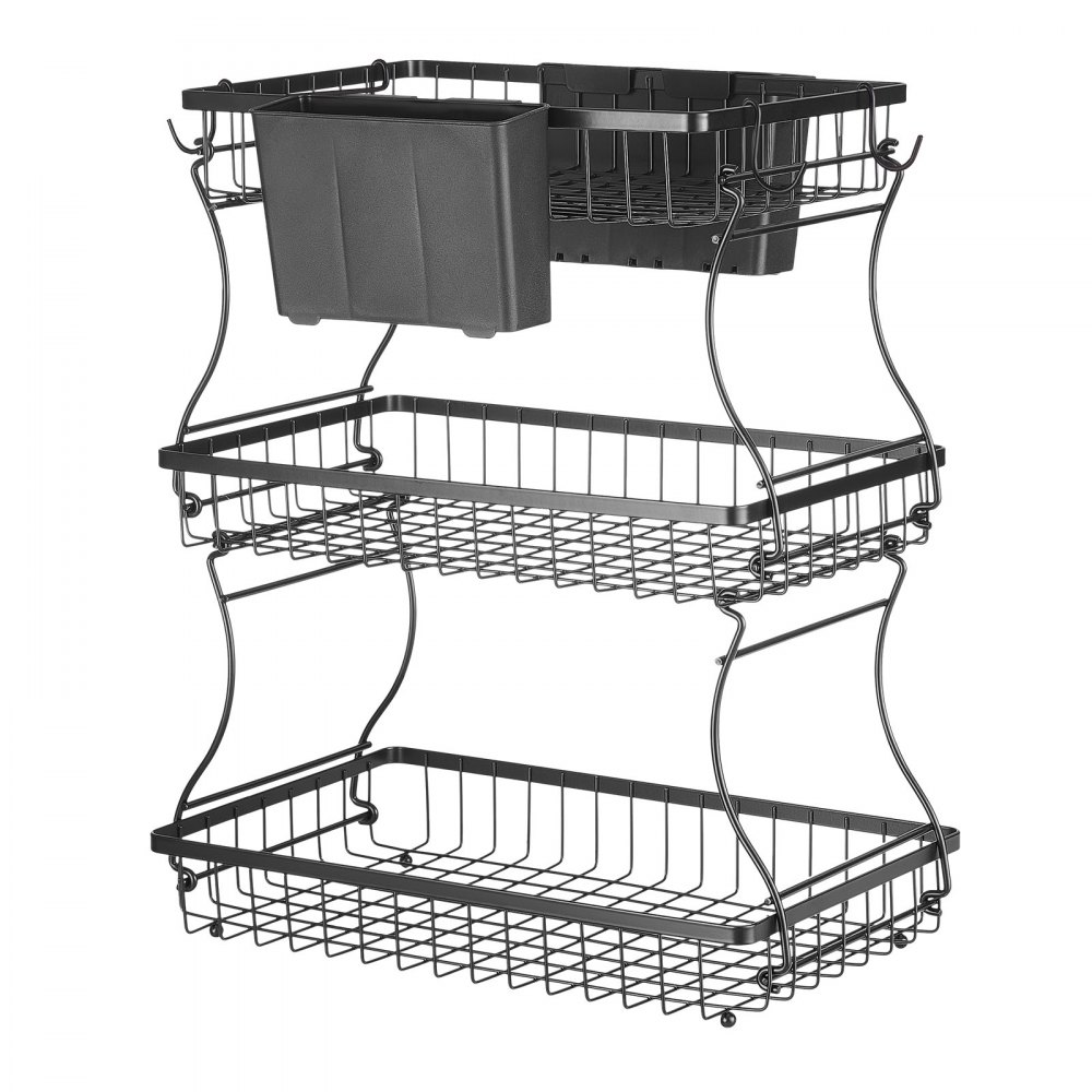 VEVOR 3 Tier Fruit Basket, Countertop Fruits Vegetable Bowl with Banana Hangers and Side Storage Basket, Metal Wire Storage Stand for Kitchen Counter, Holder Organizer for Bread Snack Veggies, Black