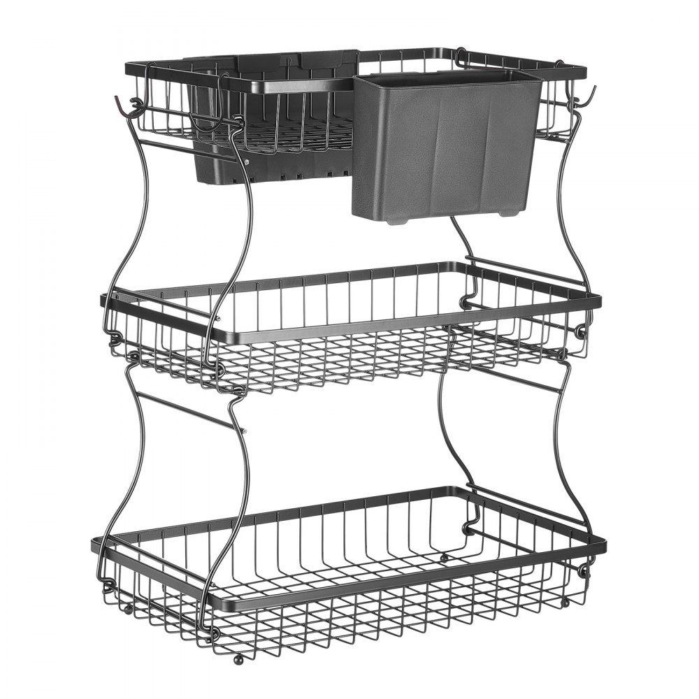 VEVOR 3 Tier Fruit Basket, Countertop Fruits Vegetable Bowl with Banana Hangers and Side Storage Basket, Metal Wire Storage Stand for Kitchen Counter, Holder Organizer for Bread Snack Veggies, Black