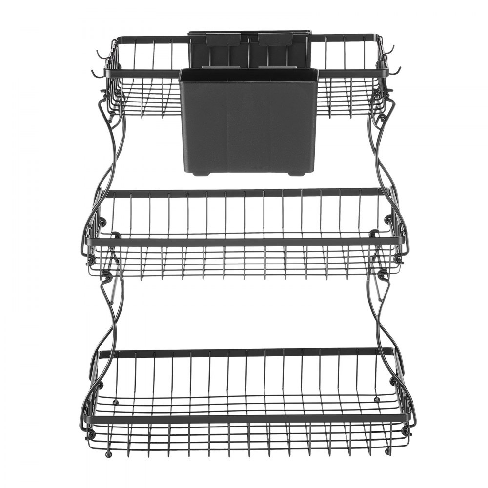 VEVOR 3 Tier Fruit Basket, Countertop Fruits Vegetable Bowl with Banana Hangers and Side Storage Basket, Metal Wire Storage Stand for Kitchen Counter, Holder Organizer for Bread Snack Veggies, Black