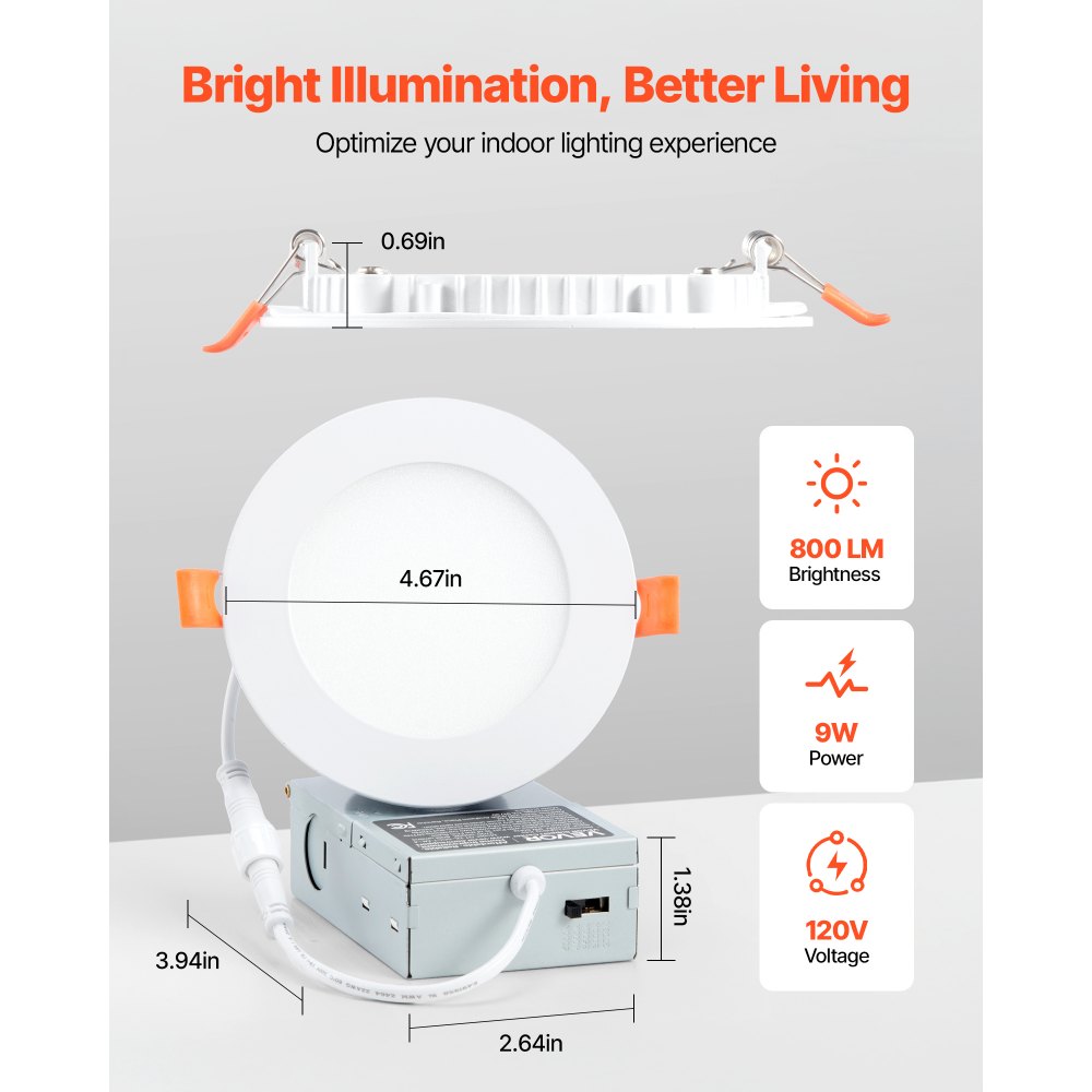 VEVOR 12 Pack 4 Inch LED Recessed Ceiling Light, 5CCT, Ultra-Thin Canless Wafer Downlight with Junction Box, 2700K/3000K/3500K/4000K/5000K Selectable, 800 LM High Brightness 9W 120V, for Home Lighting