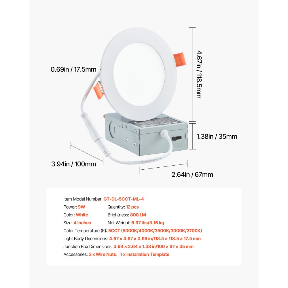 VEVOR 12 Pack 4 Inch LED Recessed Ceiling Light, 5CCT, Ultra-Thin Canless Wafer Downlight with Junction Box, 2700K/3000K/3500K/4000K/5000K Selectable, 800 LM High Brightness 9W 120V, for Home Lighting