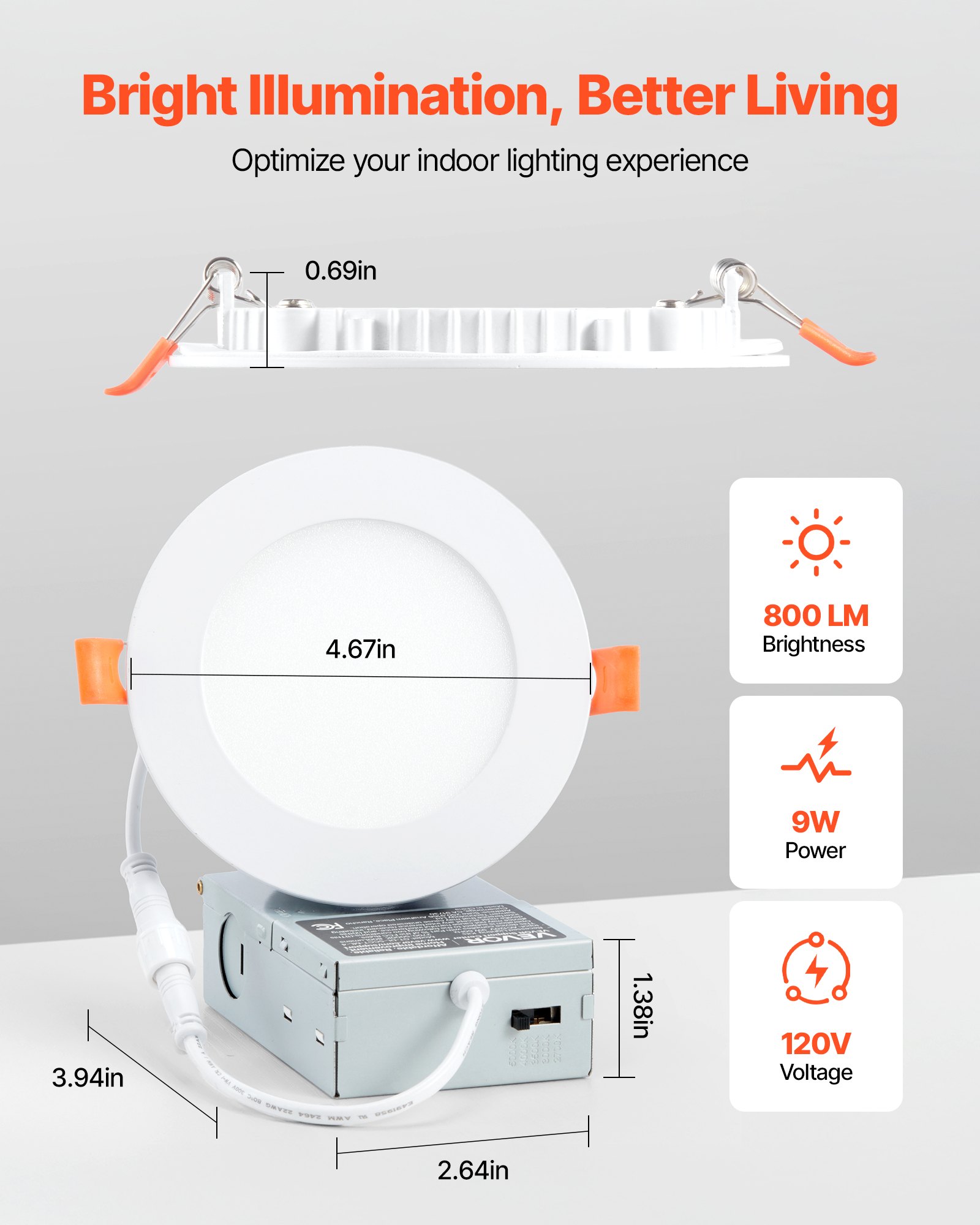 VEVOR 12 Pack 4 Inch LED Recessed Ceiling Light, 5CCT, Ultra-Thin Canless Wafer Downlight with Junction Box, 2700K/3000K/3500K/4000K/5000K Selectable, 800 LM High Brightness 9W 120V, for Home Lighting