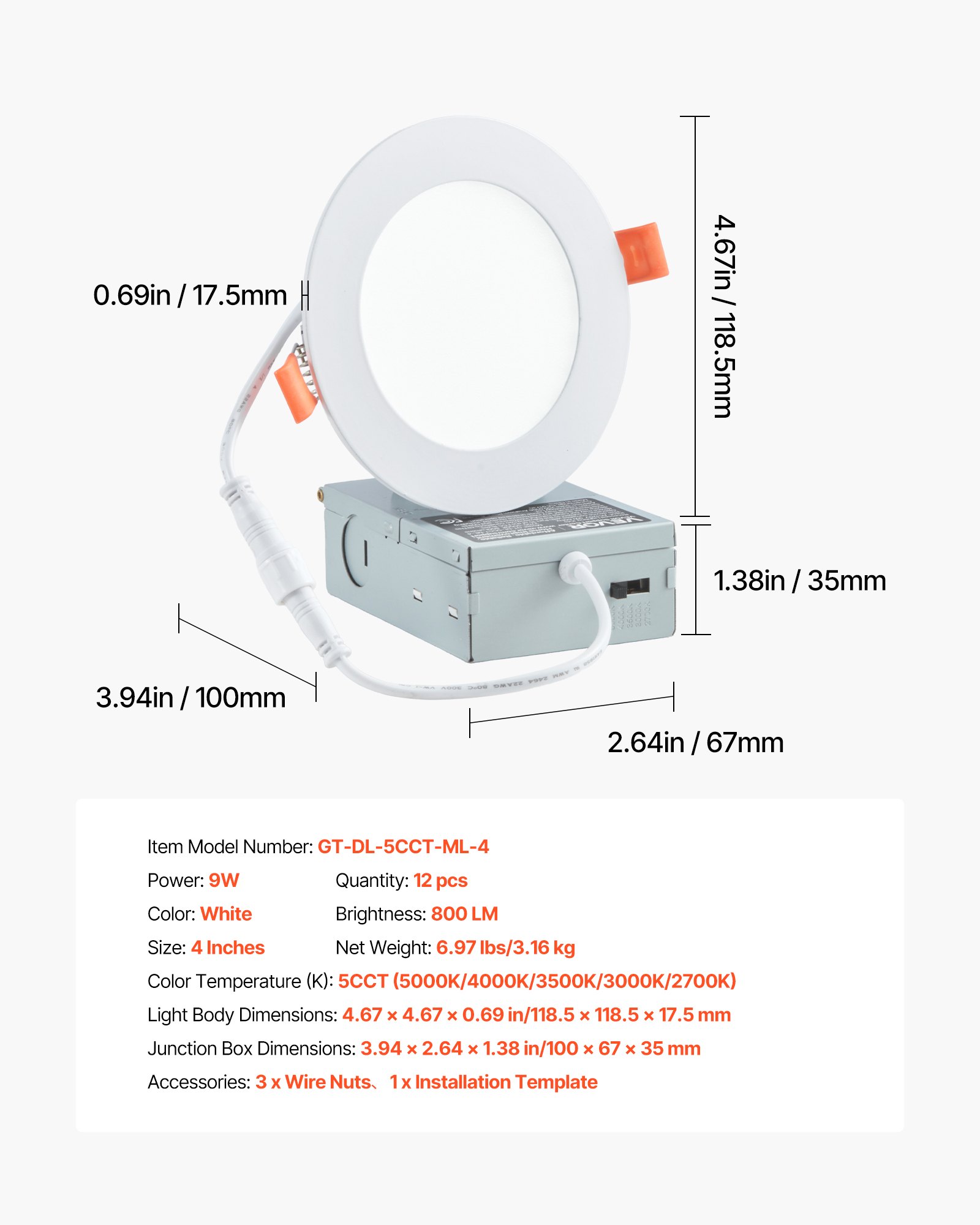 VEVOR 12 Pack 4 Inch LED Recessed Ceiling Light, 5CCT, Ultra-Thin Canless Wafer Downlight with Junction Box, 2700K/3000K/3500K/4000K/5000K Selectable, 800 LM High Brightness 9W 120V, for Home Lighting