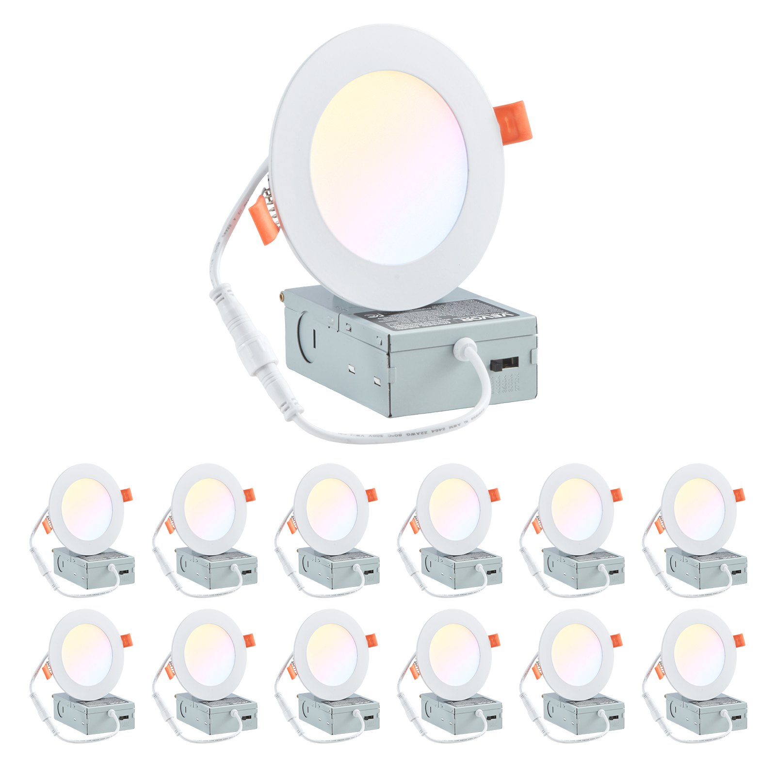 VEVOR 12 Pack 4 Inch LED Recessed Ceiling Light, 5CCT, Ultra-Thin Canless Wafer Downlight with Junction Box, 2700K/3000K/3500K/4000K/5000K Selectable, 800 LM High Brightness 9W 120V, for Home Lighting