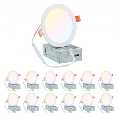 VEVOR 12 Pack 6 Inch LED Recessed Ceiling Light, 5CCT, Canless Wafer Downlight with Junction Box, 2700K/3000K/3500K/4000K/5000K Selectable, 1100 LM High Brightness 12W 120V, for Indoor Home Lighting