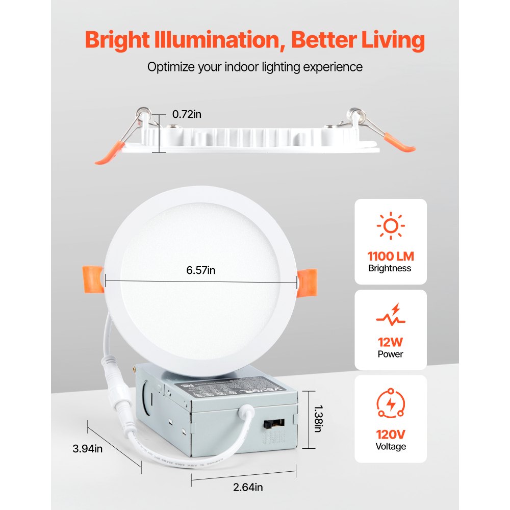 VEVOR 12 Pack 6 Inch LED Recessed Ceiling Light, 5CCT, Canless Wafer Downlight with Junction Box, 2700K/3000K/3500K/4000K/5000K Selectable, 1100 LM High Brightness 12W 120V, for Indoor Home Lighting