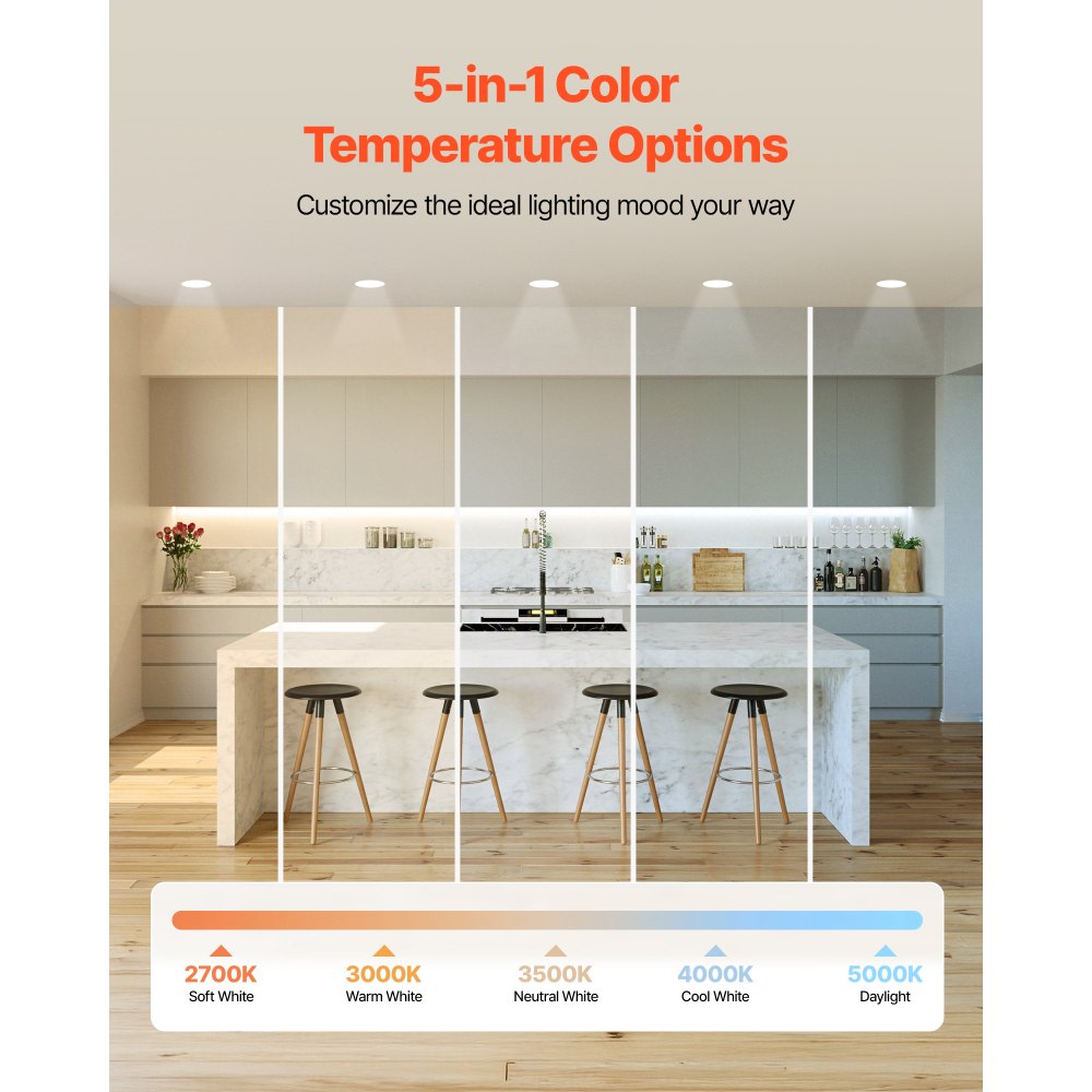 VEVOR 12 Pack 6 Inch LED Recessed Ceiling Light, 5CCT, Canless Wafer Downlight with Junction Box, 2700K/3000K/3500K/4000K/5000K Selectable, 1100 LM High Brightness 12W 120V, for Indoor Home Lighting