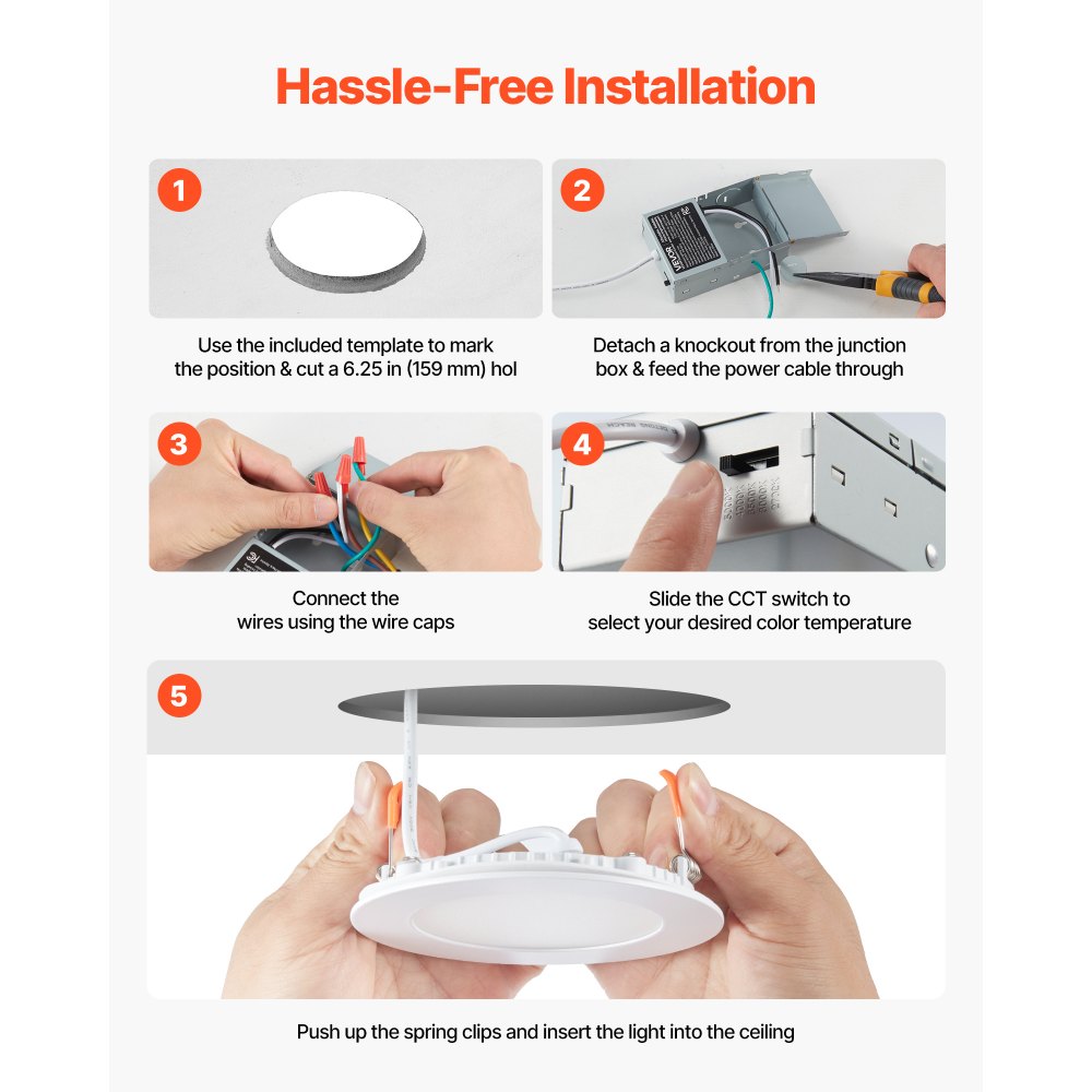 VEVOR 12 Pack 6 Inch LED Recessed Ceiling Light, 5CCT, Canless Wafer Downlight with Junction Box, 2700K/3000K/3500K/4000K/5000K Selectable, 1100 LM High Brightness 12W 120V, for Indoor Home Lighting