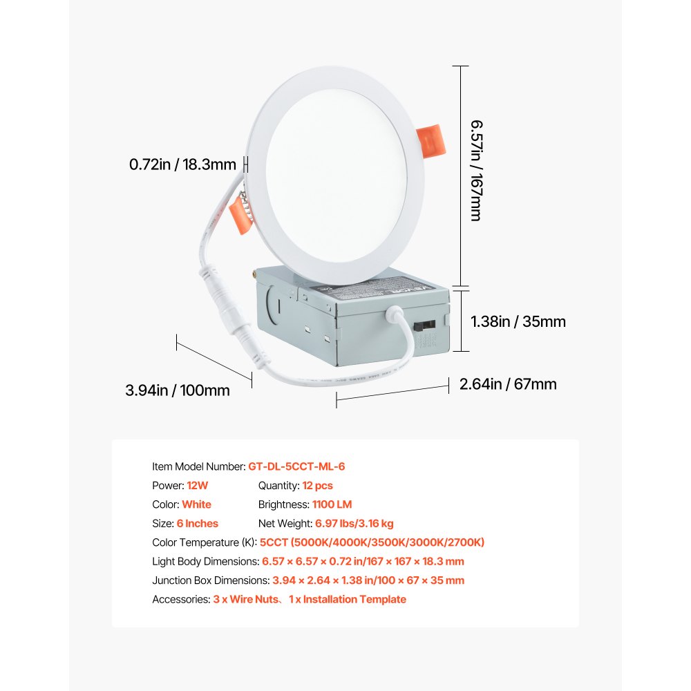 VEVOR 12 Pack 6 Inch LED Recessed Ceiling Light, 5CCT, Canless Wafer Downlight with Junction Box, 2700K/3000K/3500K/4000K/5000K Selectable, 1100 LM High Brightness 12W 120V, for Indoor Home Lighting