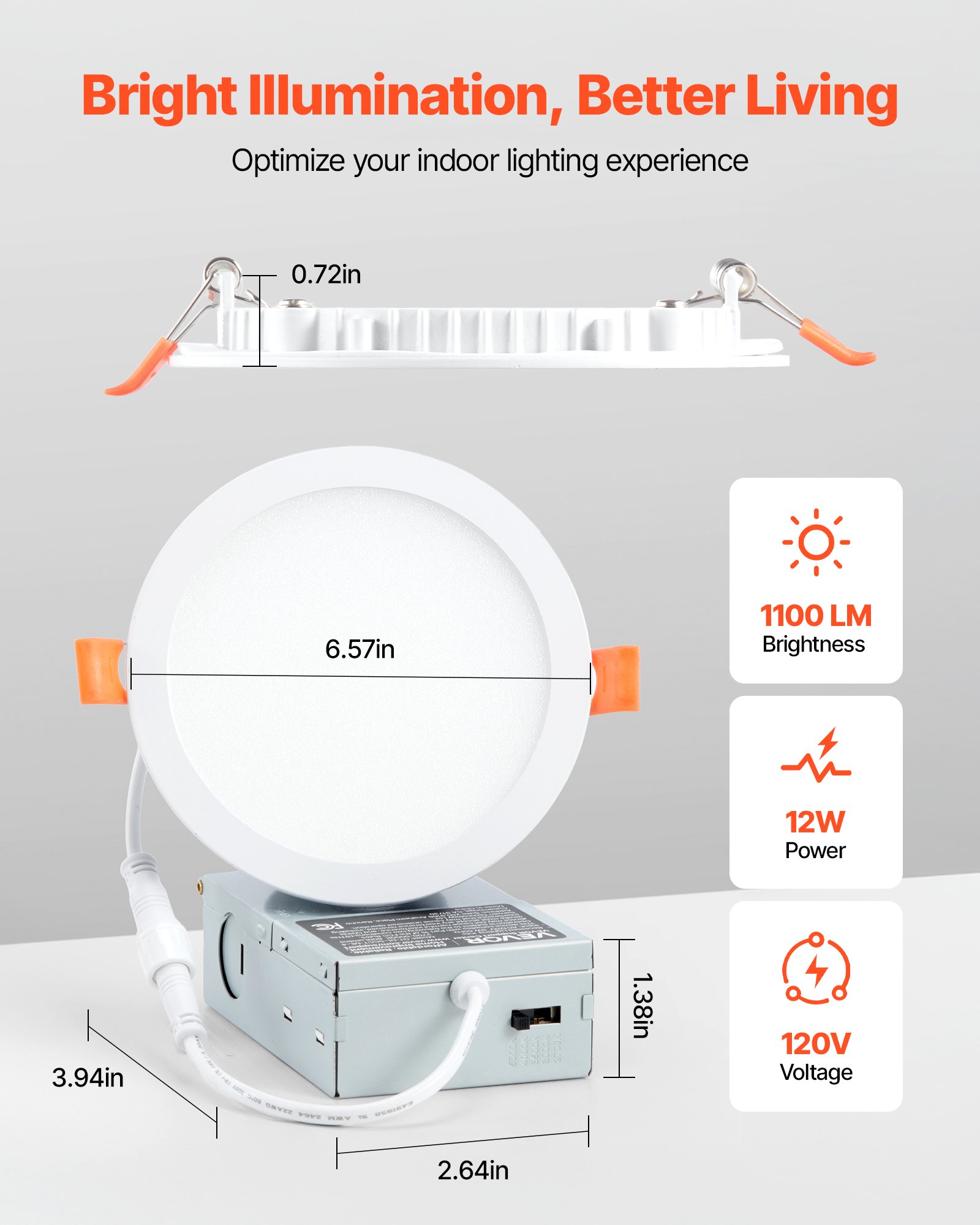 VEVOR 12 Pack 6 Inch LED Recessed Ceiling Light, 5CCT, Canless Wafer Downlight with Junction Box, 2700K/3000K/3500K/4000K/5000K Selectable, 1100 LM High Brightness 12W 120V, for Indoor Home Lighting
