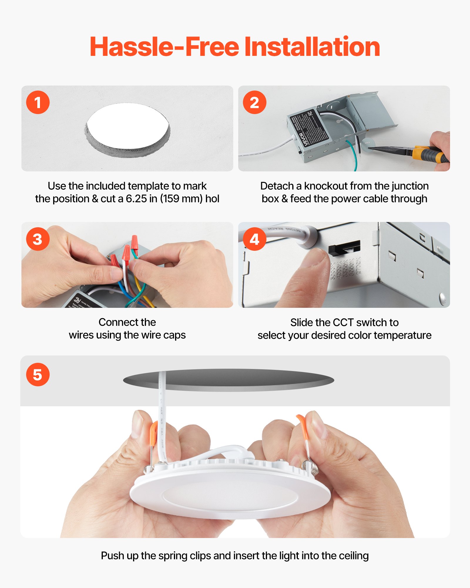 VEVOR 12 Pack 6 Inch LED Recessed Ceiling Light, 5CCT, Canless Wafer Downlight with Junction Box, 2700K/3000K/3500K/4000K/5000K Selectable, 1100 LM High Brightness 12W 120V, for Indoor Home Lighting