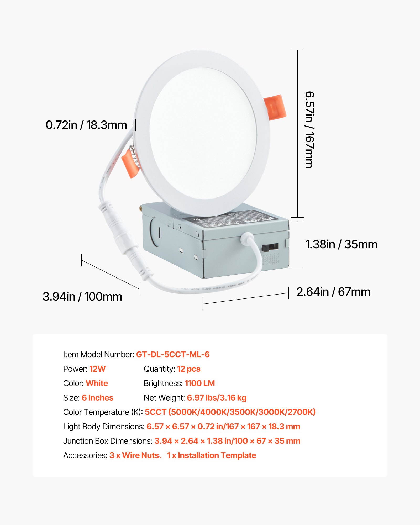 VEVOR 12 Pack 6 Inch LED Recessed Ceiling Light, 5CCT, Canless Wafer Downlight with Junction Box, 2700K/3000K/3500K/4000K/5000K Selectable, 1100 LM High Brightness 12W 120V, for Indoor Home Lighting