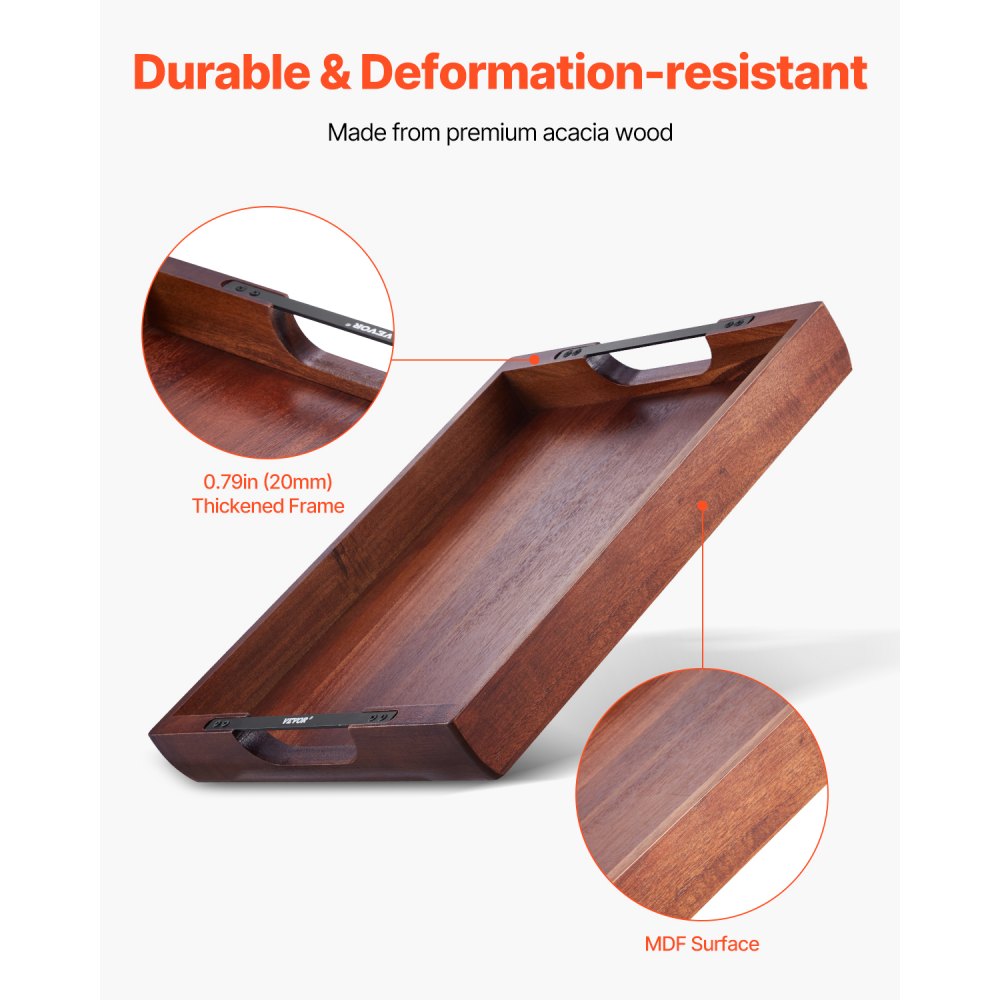 VEVOR Wood Serving Tray, Acacia Wooden Tray Board with Handles, Decorative Rustic Serving Trays Platter, Ideal for Breakfast in Bed, Lunch, Kitchen, Living Room, Ottoman, Coffee Table, Party, Couch