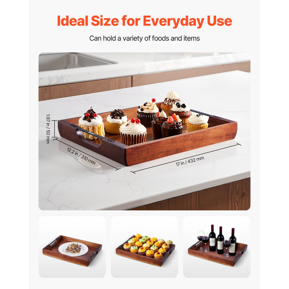 VEVOR Wood Serving Tray, Acacia Wooden Tray Board with Handles, Decorative Rustic Serving Trays Platter, Ideal for Breakfast in Bed, Lunch, Kitchen, Living Room, Ottoman, Coffee Table, Party, Couch