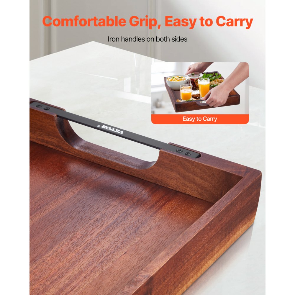 VEVOR Wood Serving Tray, Acacia Wooden Tray Board with Handles, Decorative Rustic Serving Trays Platter, Ideal for Breakfast in Bed, Lunch, Kitchen, Living Room, Ottoman, Coffee Table, Party, Couch