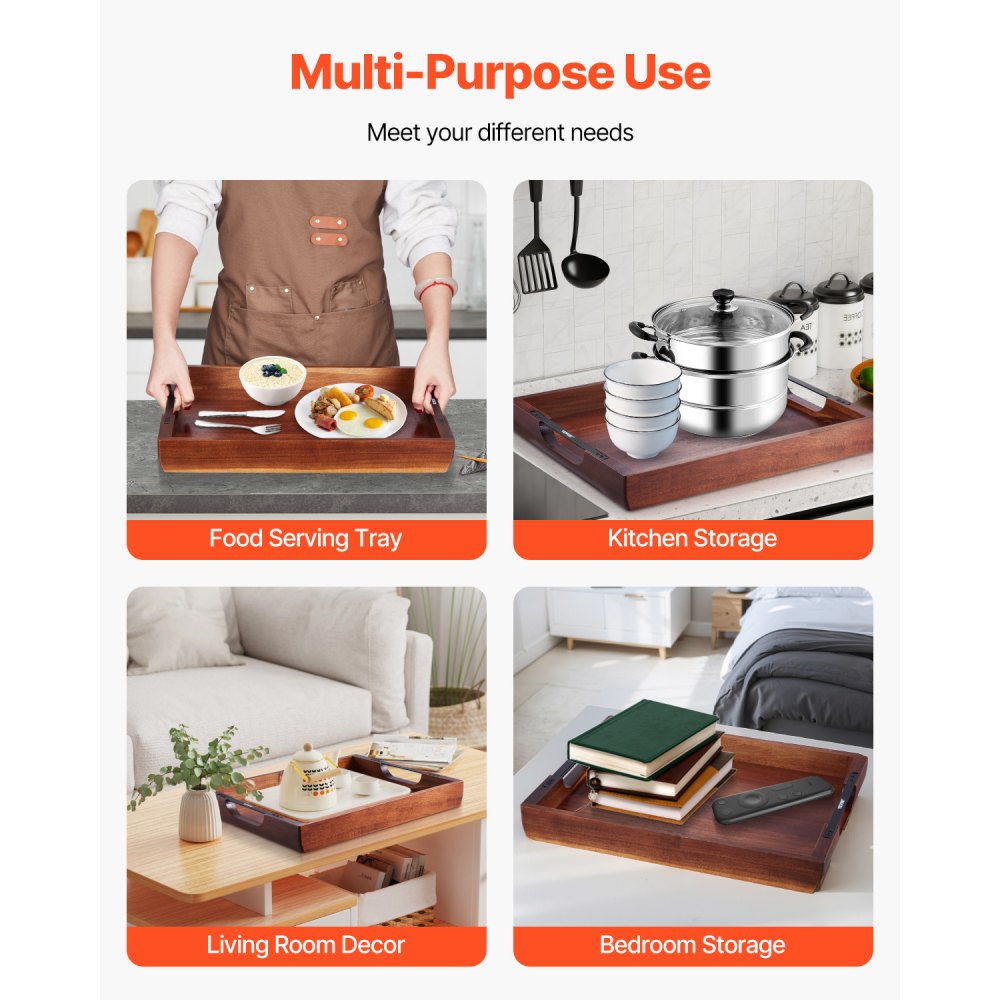 VEVOR Wood Serving Tray, Acacia Wooden Tray Board with Handles, Decorative Rustic Serving Trays Platter, Ideal for Breakfast in Bed, Lunch, Kitchen, Living Room, Ottoman, Coffee Table, Party, Couch